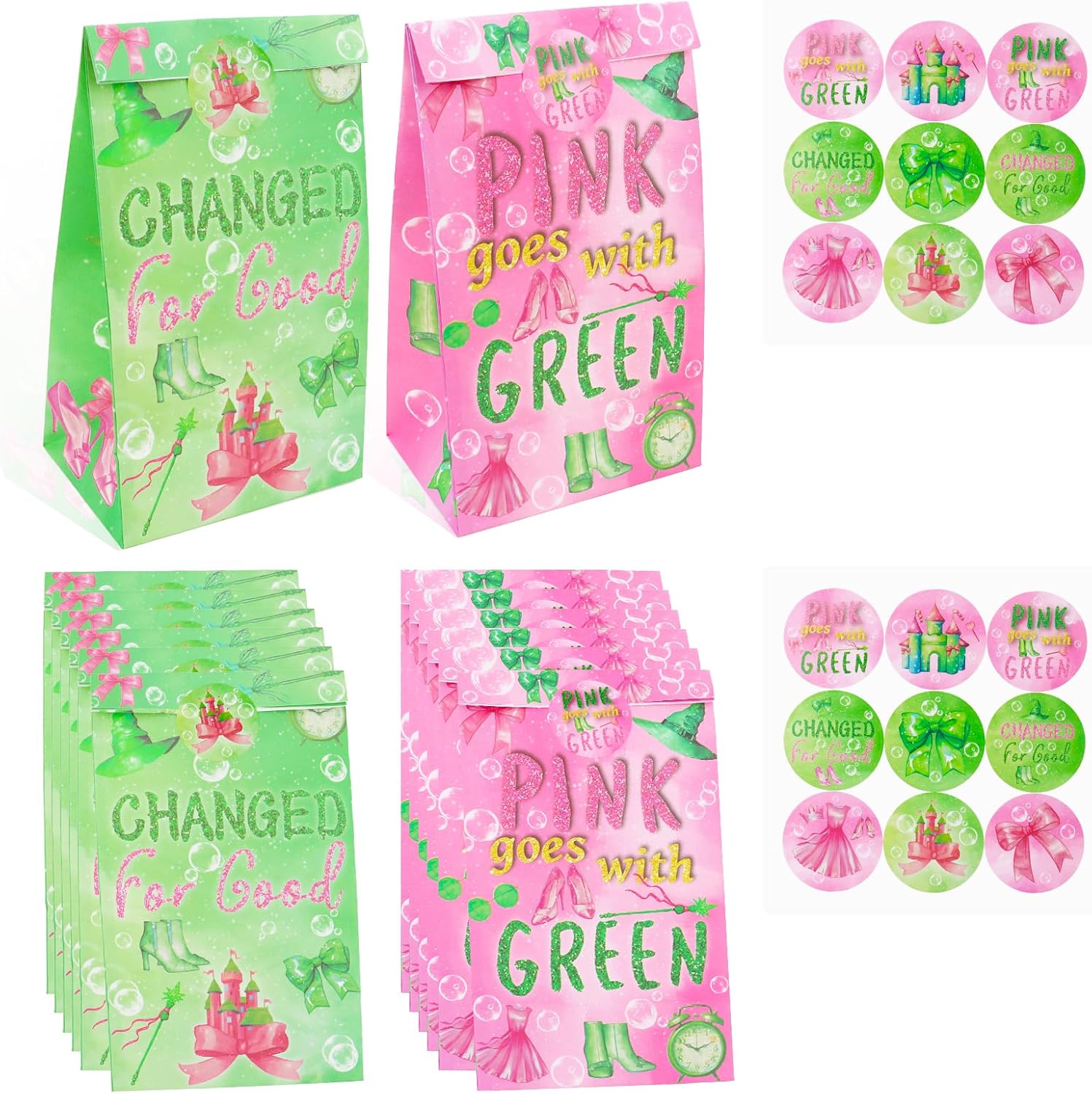 Semato Halloween Treat Bags, 12 Pcs Pink and Green Paper Halloween Goodie Bags Trick or Treat Gift Bulk Candy Bag for Kids Party Favors
