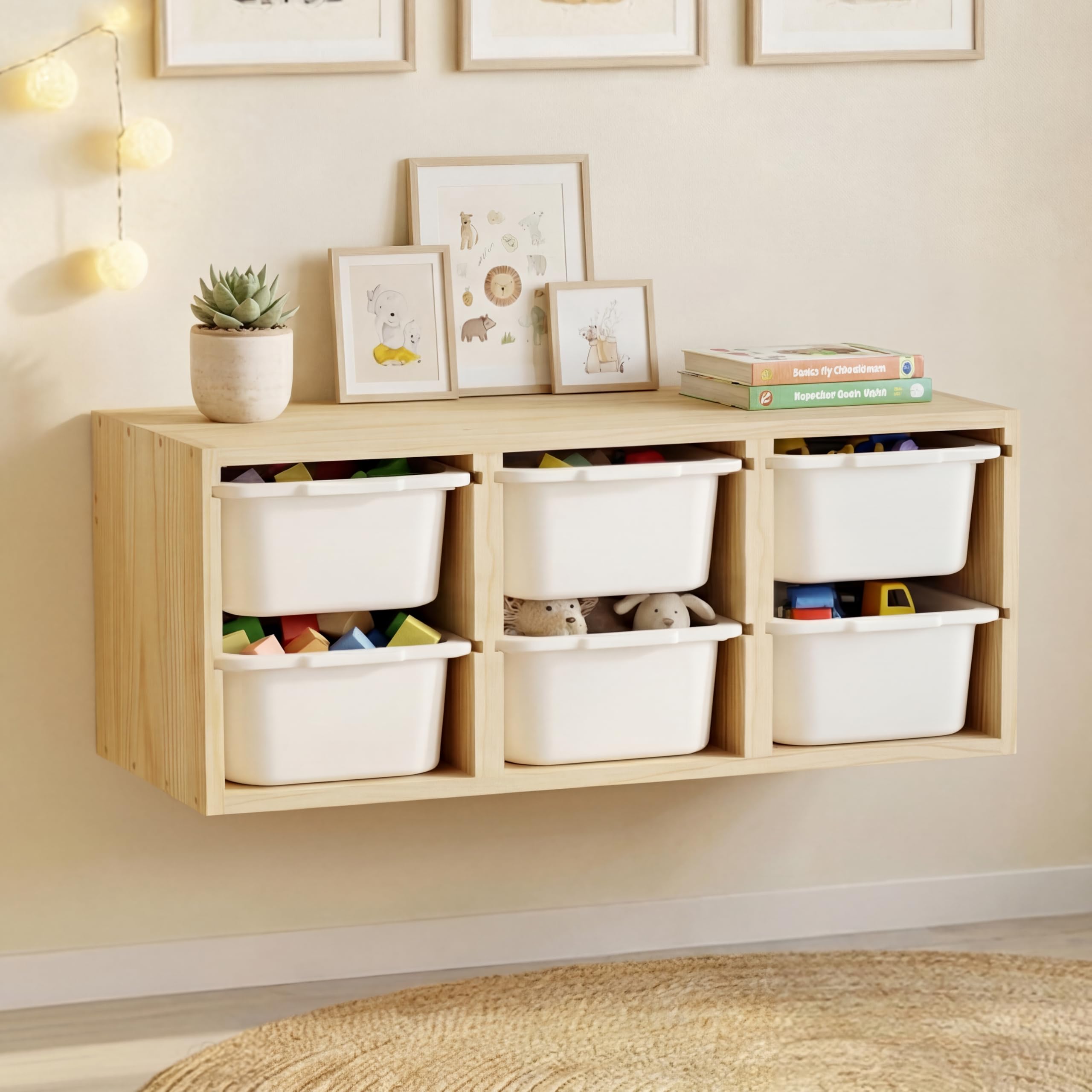 Organizador de juguetes Montessori de madera maciza para pared con 6 contenedores, estante de almacenamiento con superficie superior para aprendizaje y juego, revistero infantil y caja de juguetes
