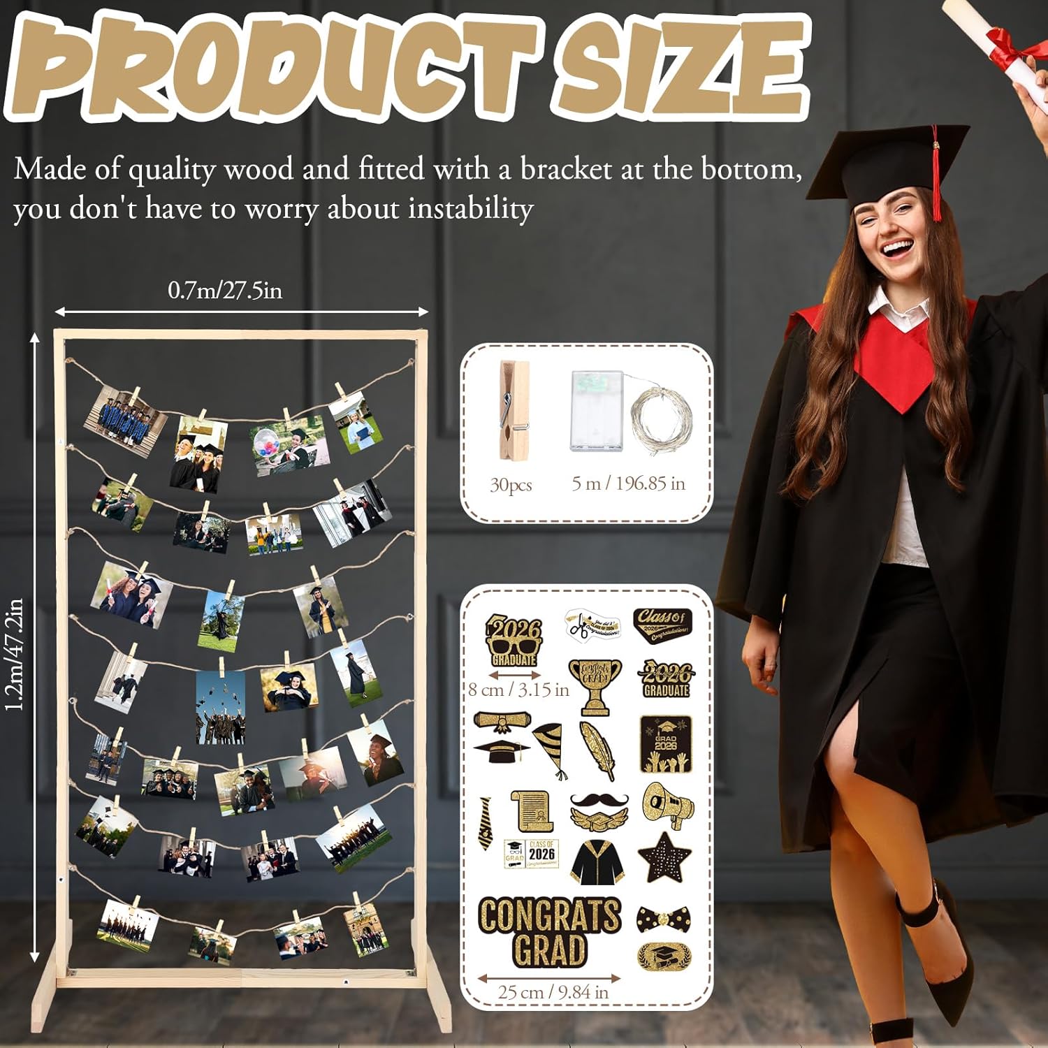 47 Inch Wooden Graduation Picture Display Frames Board Graduation Decorations Class of 2026 Standing Collage Picture Frame with String Light 30 Metal Clips for Grad Photo Party Decor