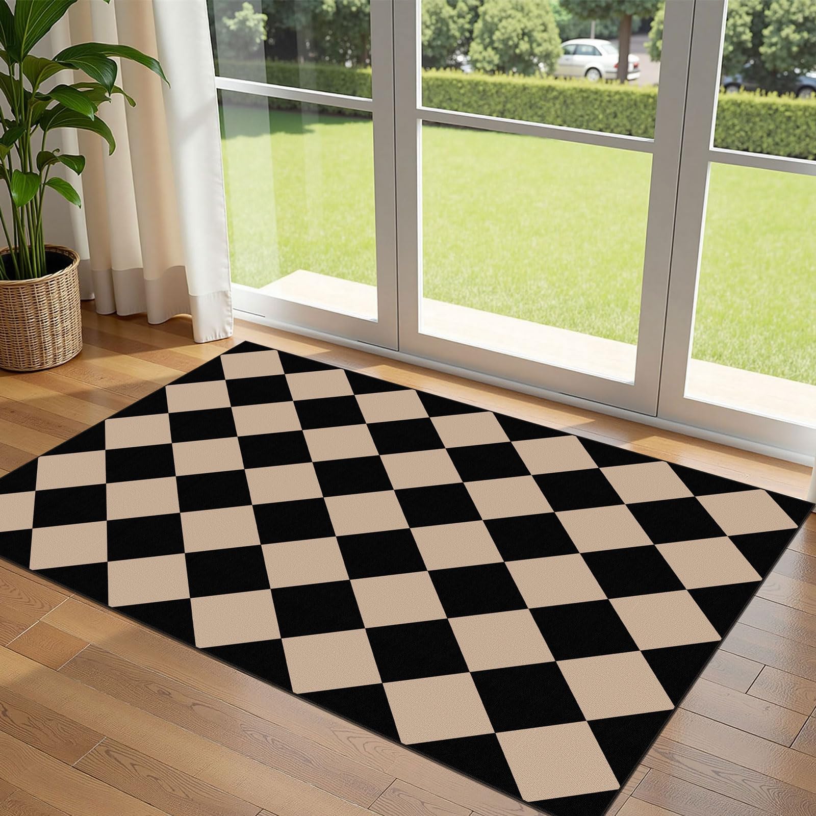Amazon.com: Othilic Black Tan Checkered Entry Rug - 3x5 Ft Non