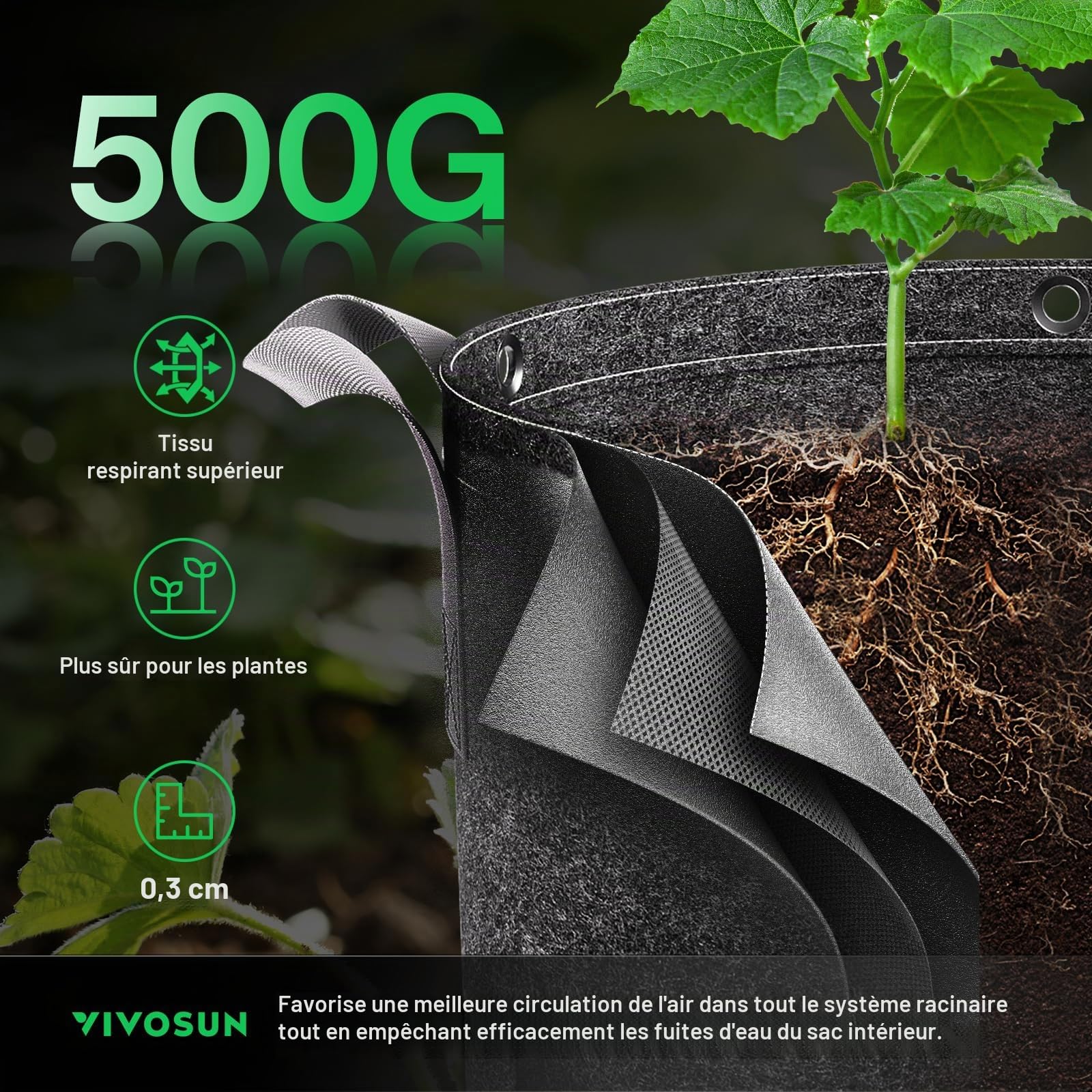 VIVOSUN Lot 5 Sac de Plantation 25L Sacs de Culture Tissu Non Tissé Sac à Plantes 500g/m² Épaisseur, Pots Tissu avec Poignées et Anneaux Polyvalents, Idéal pour LST, Fruits, Légumes et Fleurs