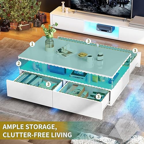 Miniatura 3 de DWVO Mesa de centro LED con 4 cajones de almacenamiento, modernas mesas de centro de alto brillo para sala de estar, mesa de centro rectangular