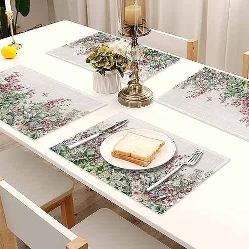 Miniatura 7 de Juego de 6 manteles individuales de lino con diseño de flores silvestres, mariposas, resistentes al calor, lavables, para decoración de cocina,