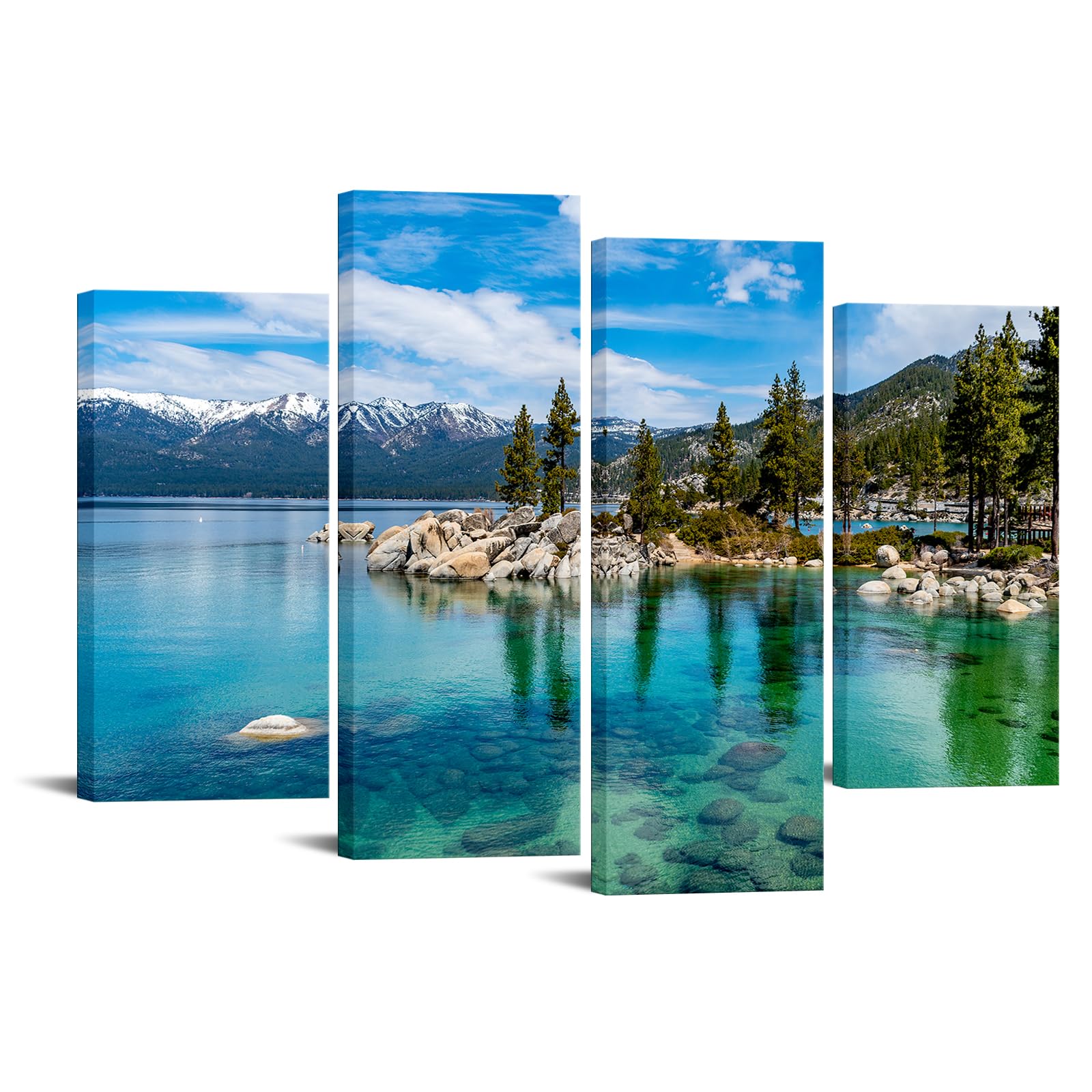 KREATIVE ARTS 4-Piece Lake Tahoe Canvas Wall Art Set - 48x33 Clear Turquoise Water & Green Mountain Forest Scenery, 3-Panel Landscape Prints for Home, Living, Dining Room Deco