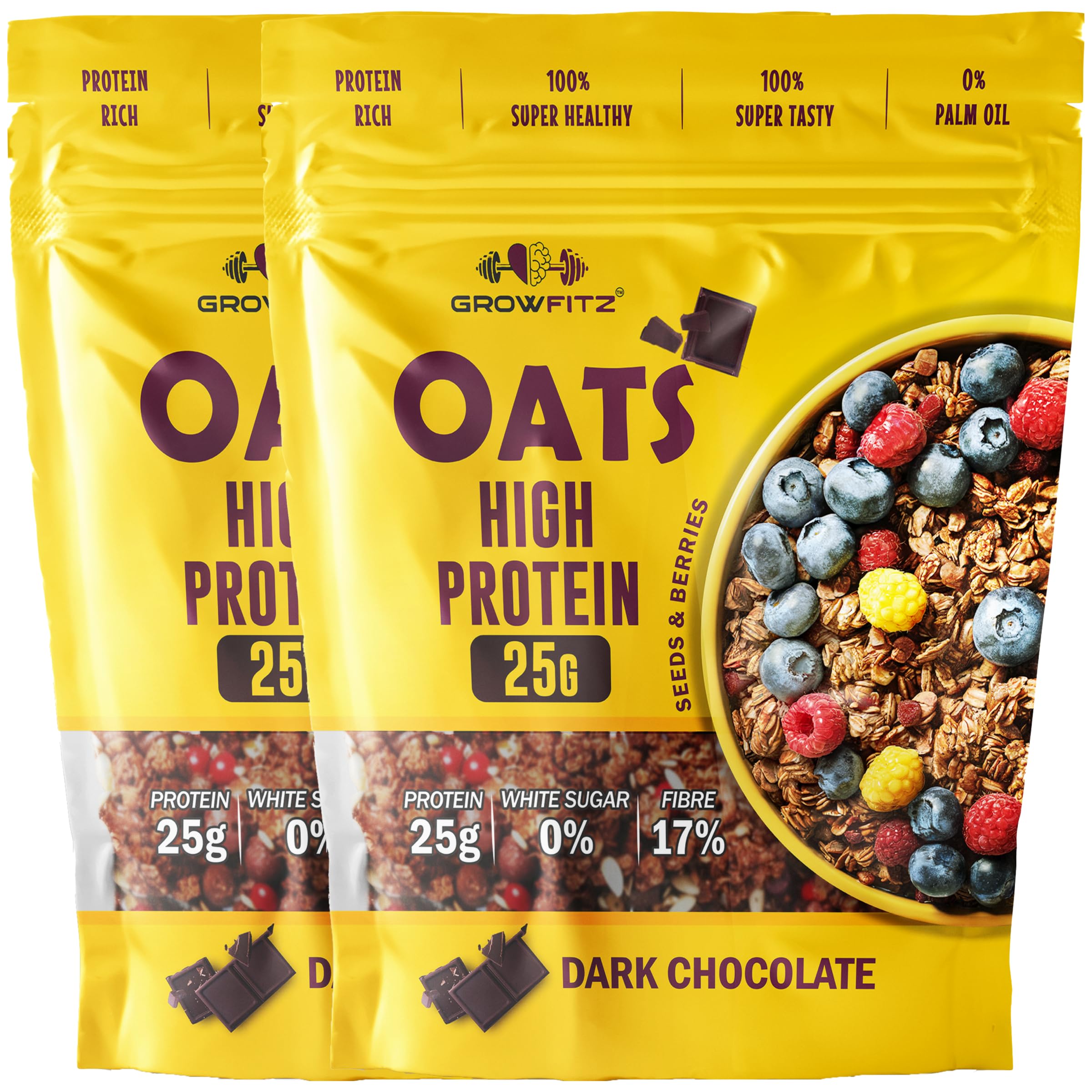 Growfitz 25g High Protein Oats 800 Gram, Pack of 2 | Dark Chocolate Oatmeal | 17g Fiber, No Sugar, With Almonds, Raisin, Pumpkin and Chia Seeds & Healthy Fats | Super Rolled Oats | Breakfast Cereals