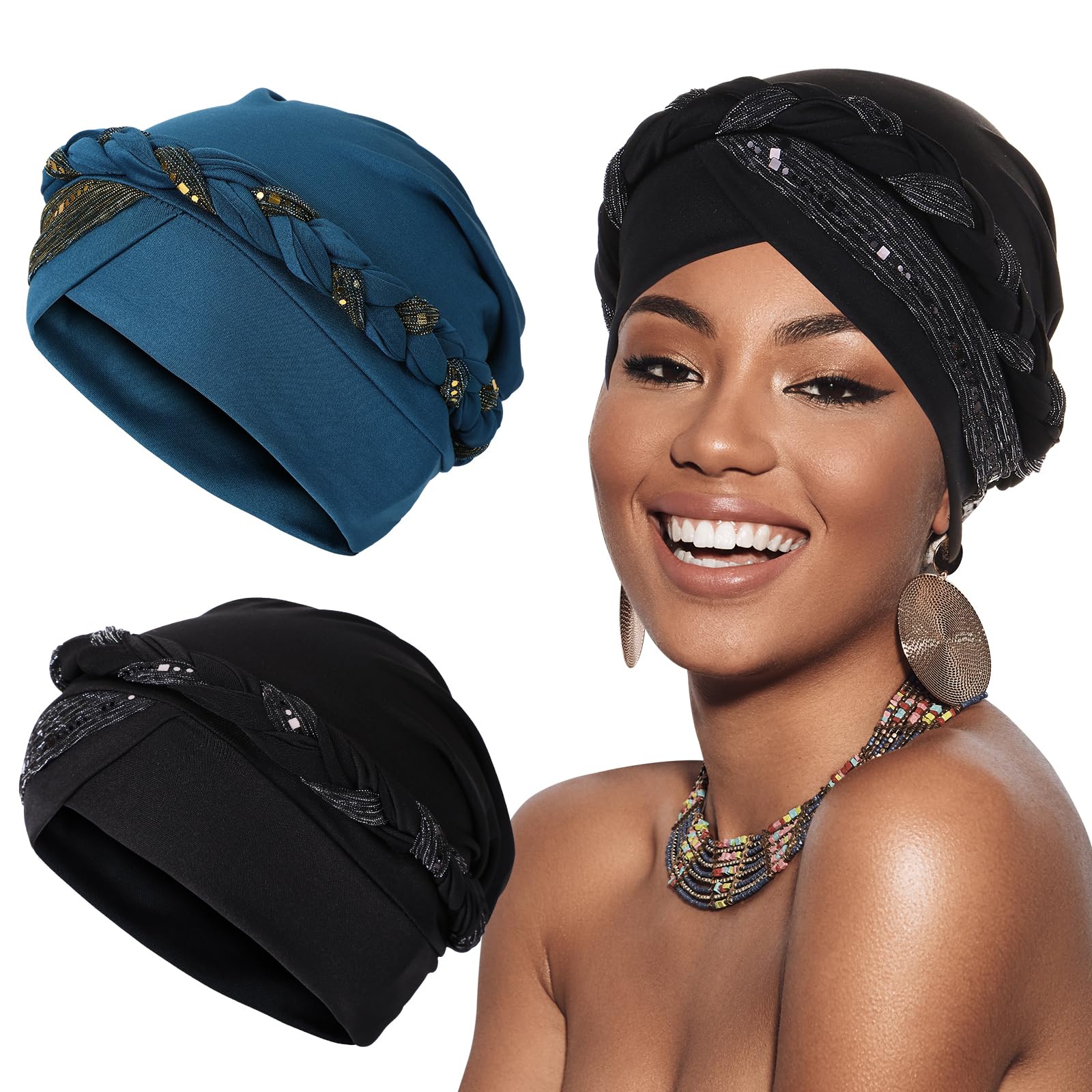 XEPST 2 Pièces Turbans pour Femmes, Pré-noué torsadé Chapeau Tresse Cheveux Couvertures, Enveloppements de Tête Africains pour Femmes Noires Chapeaux de Cancer Chimio Turban