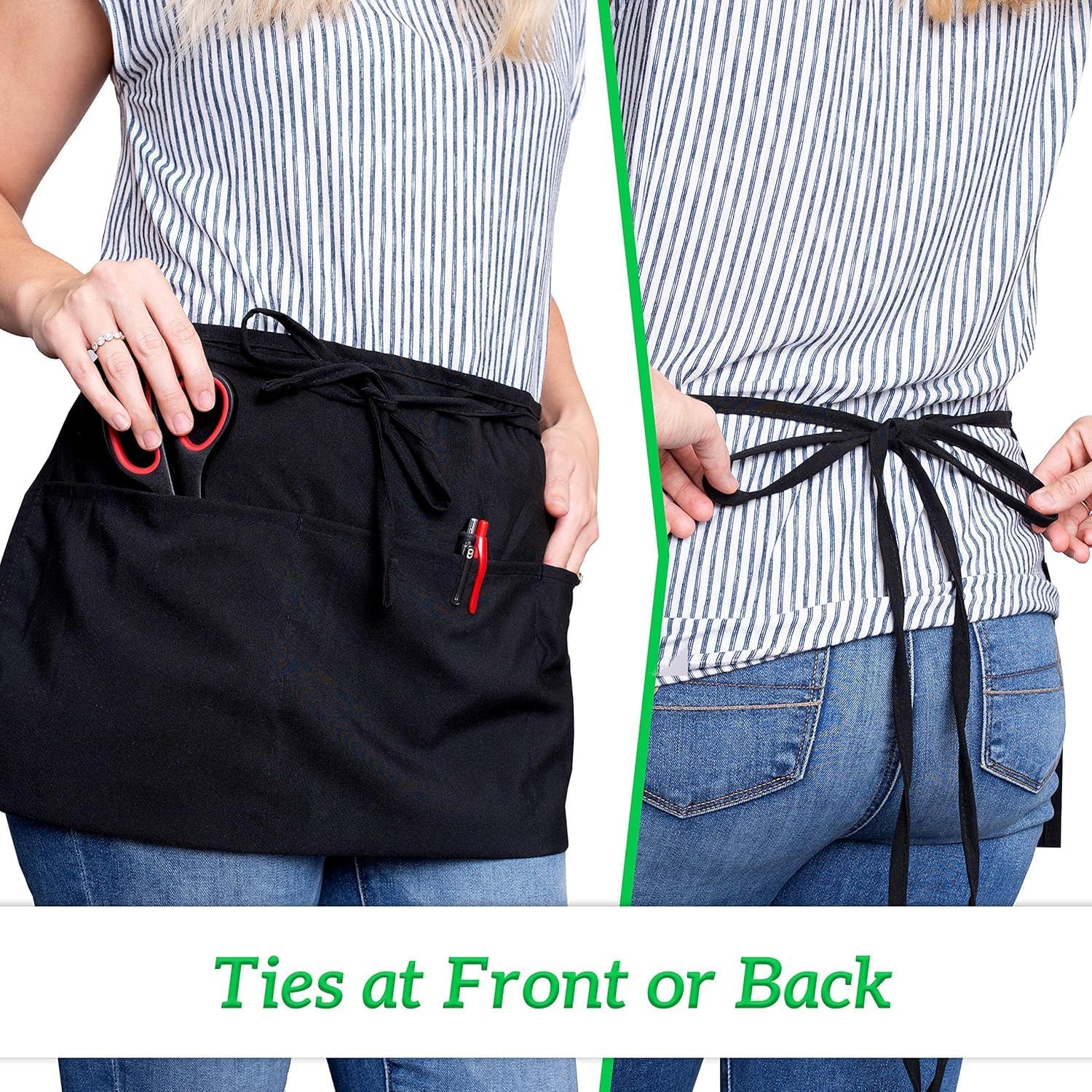 GREEN LIFESTYLE Server Aprons with 3 Pockets - Waist Apron, Waitress Apron for Women and Man, Water Resistant with Long Waist Strap Reinforced Seams, Half Apron (24 Pack - Black) - Image 5