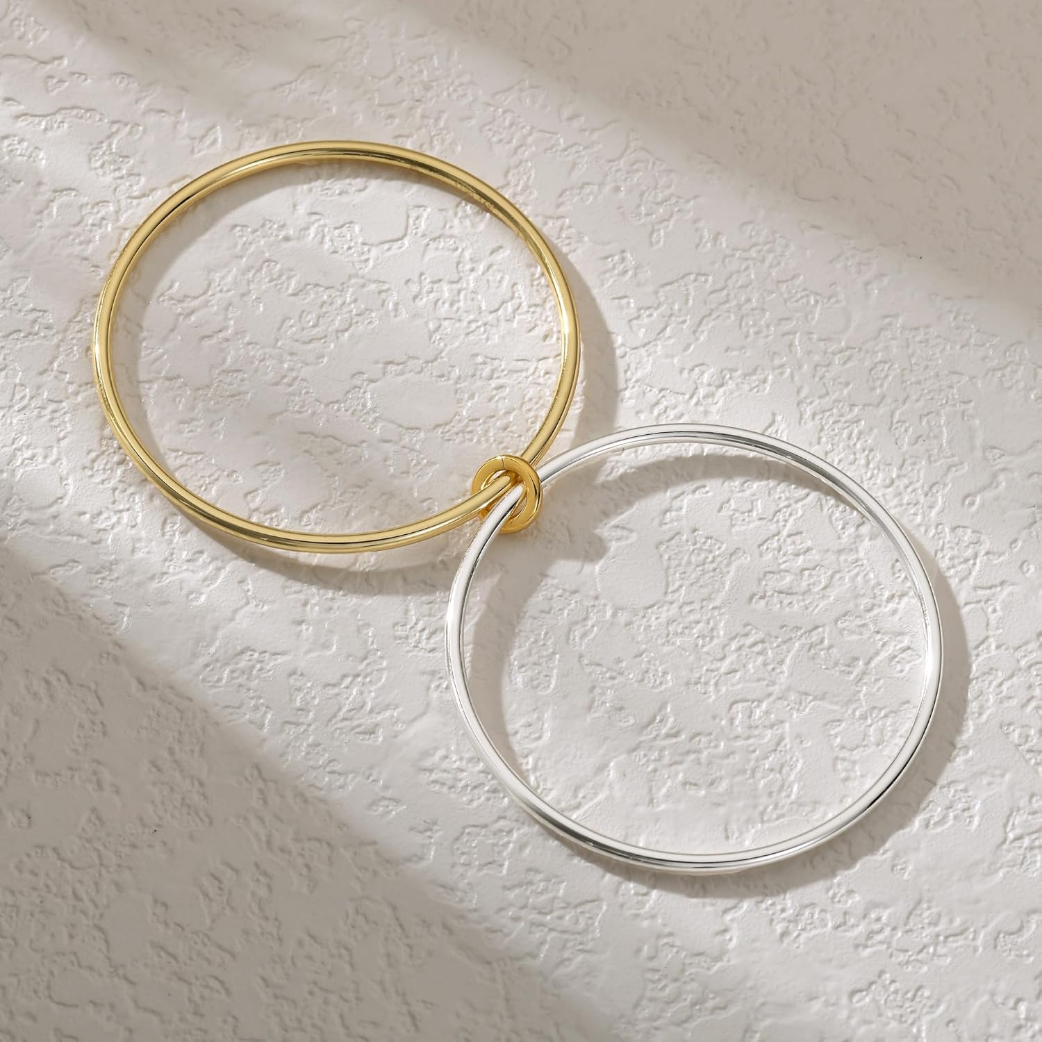 NOKMIT 2PCS 14K Gold Silver Tone Stackable Bangle Bracelets for Women, High Polished Thin Plain Stainless Steel Bangle with Detachable Connector Ring, Non-Tarnish Mixed Metal Jewelry - Image 7