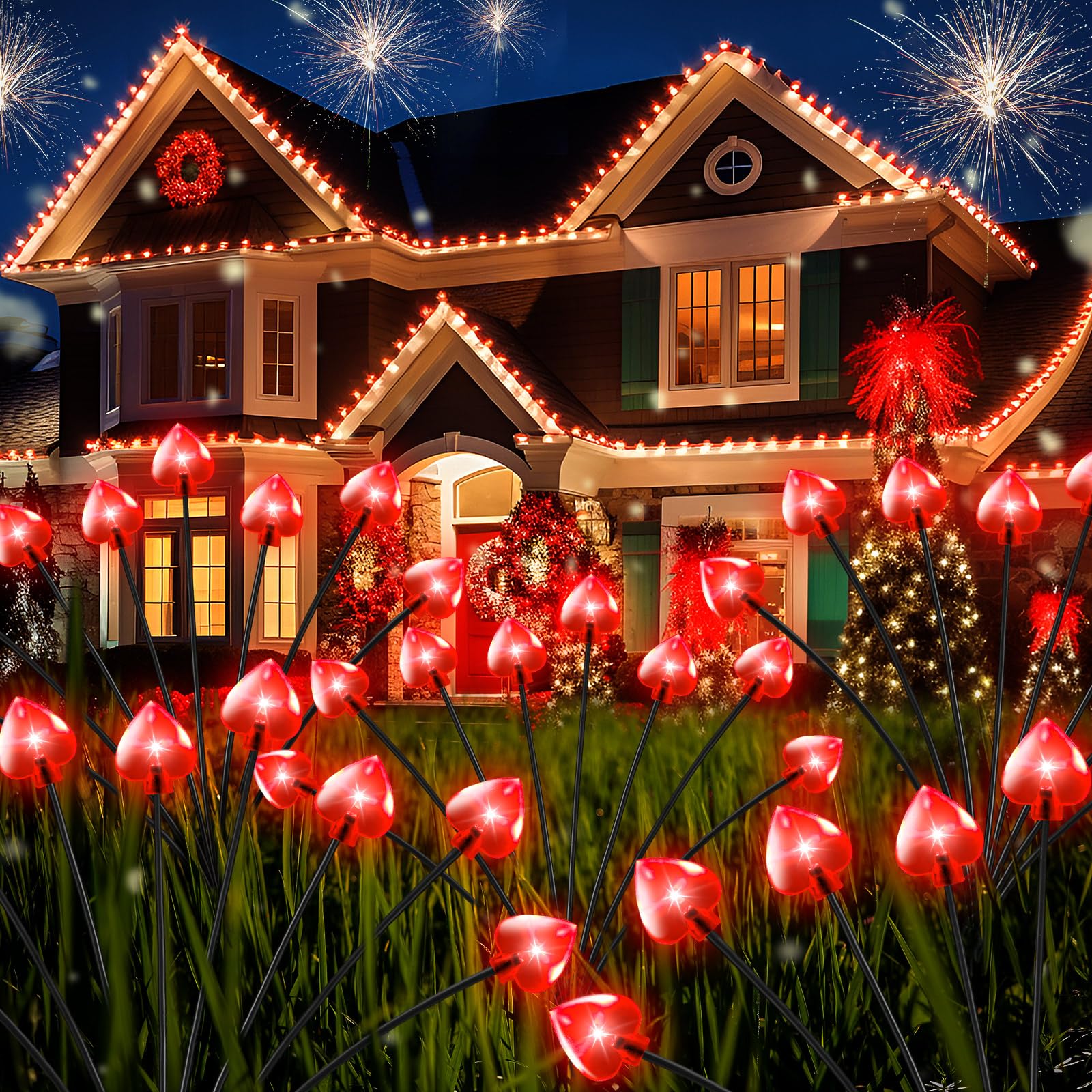 Baquler 8 Pcs Valentine's Day Red Heart Solar Swing Firefly Style Lights 8 Modes Valentine's Day LEDs Red Heart with Remote Light for Walkway Backyard Decoration