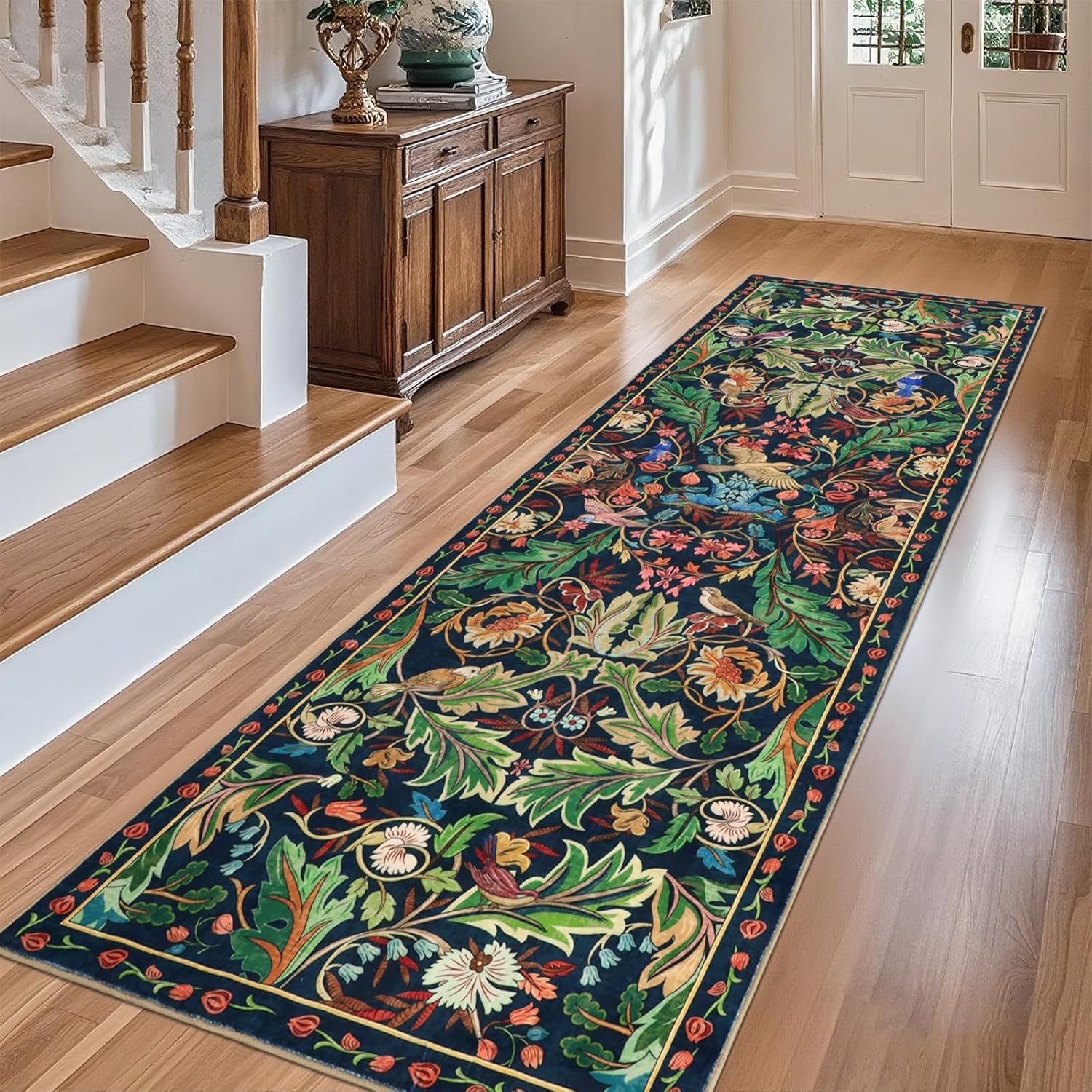 nesrt 2.6'x 8' Bird Runners for Hallway Kitchen Rug Non Slip, Long Washable Boho Jungle Runner Rugs, Soft Floral Botanical Carpet Runner for Hall, Laundry, Bedroom, Bathroom (Dark Green)