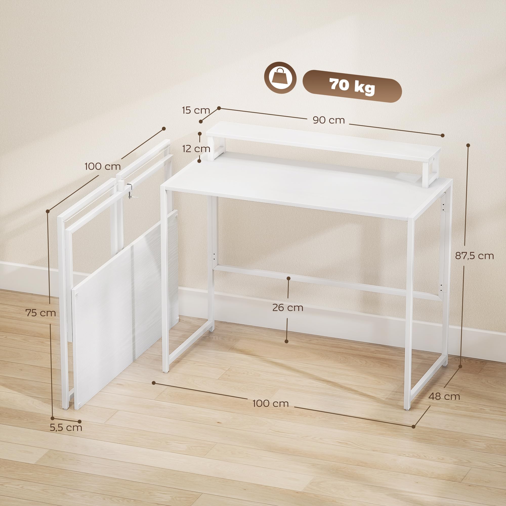 HOMCOM Schreibtisch Klappbar mit Monitorhalterung 100 x 48 x 87,5 cm Weiß