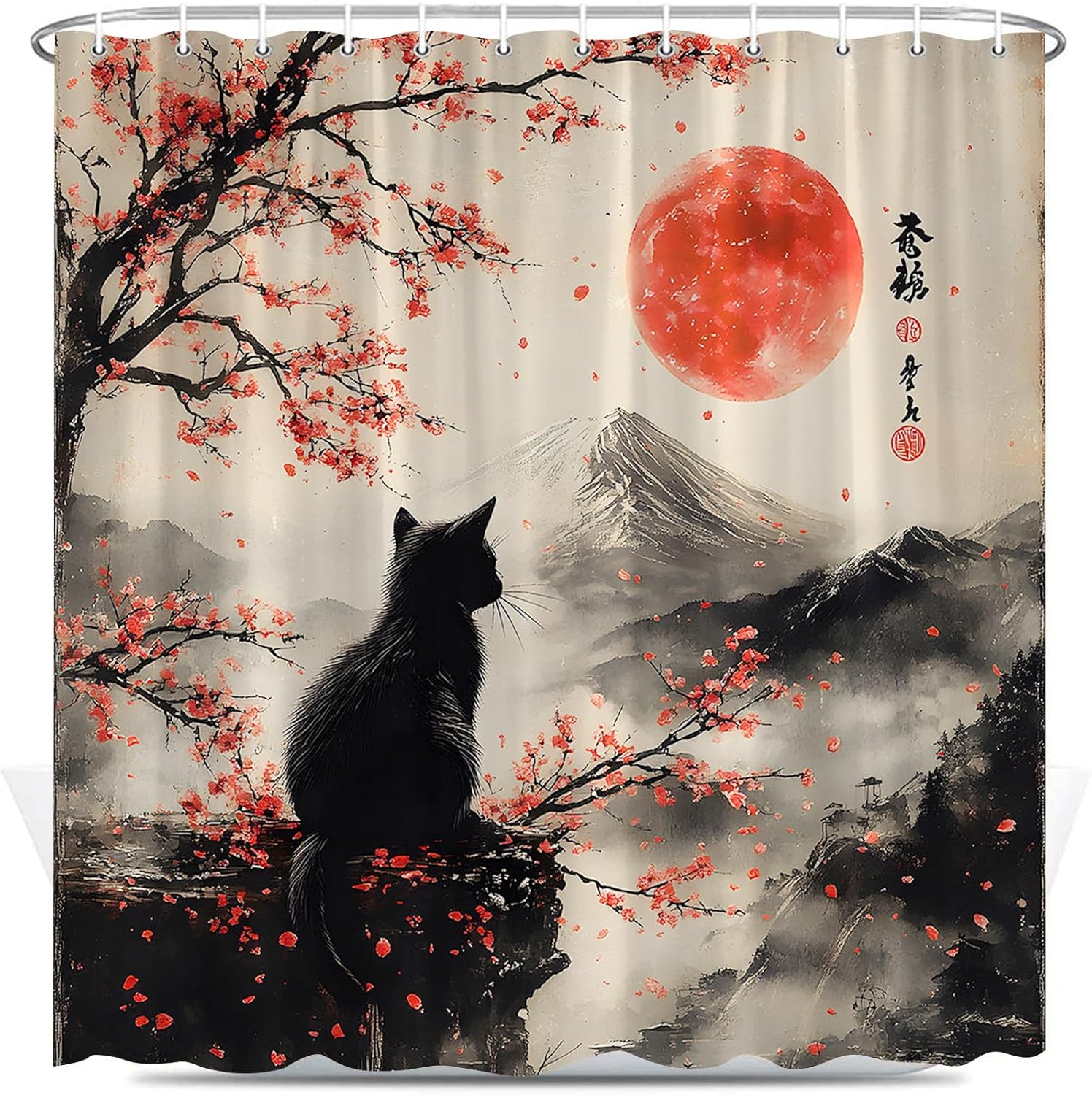 Japanese Cat Shower Curtain Red Plum Blossom Cherry Blossom Floral Vintage Asian Mountain Traditional Art Rustic Animal Bathroom Decor Set Polyester Fabric with Hooks 70X90 Inch