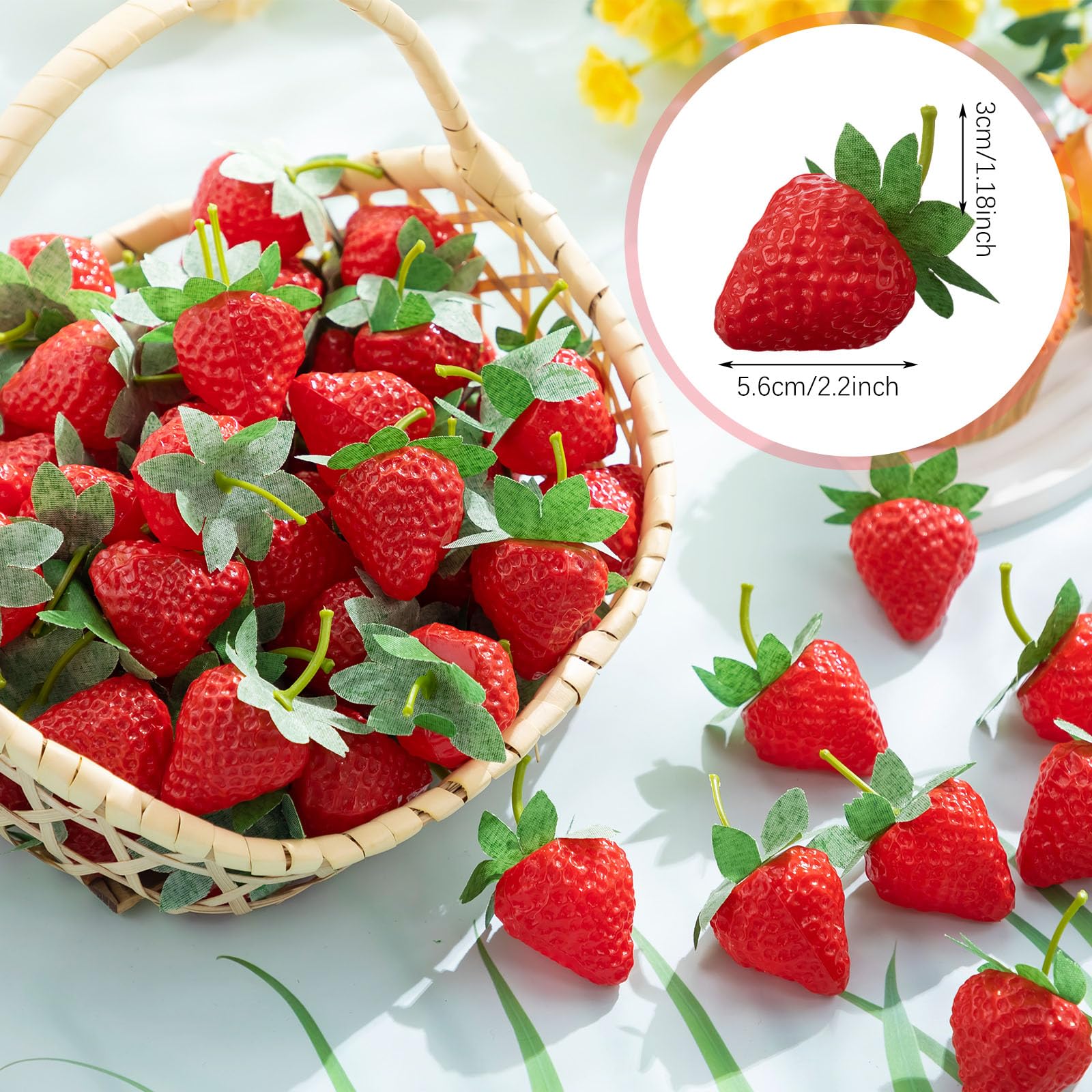 Lyrow 100 Pieces Artificial Strawberries 2.2inch/2.76inch/3.35inch Faux Realistic Strawberry Decor Plastic Simulation Fake Lifelike Fruit for Photography Prop Cabinet Party(Cute)