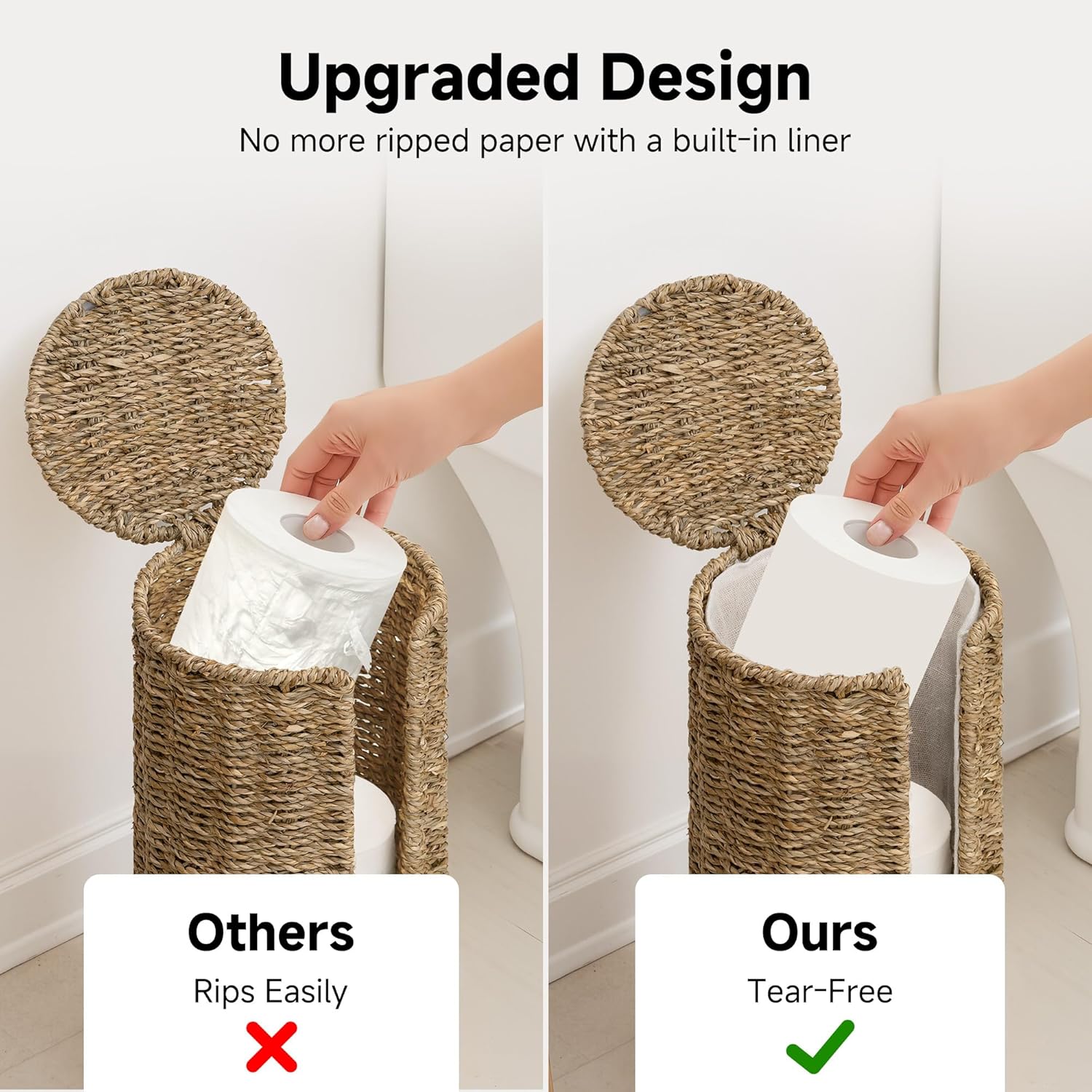 StorageWorks Seagrass Free Standing Toilet Paper Holder Stand for Bathroom, 3 Rolls of Toilet Tissue Storage with a Built-in Cloth Lining, Toilet Roll Holder Stand with Lid