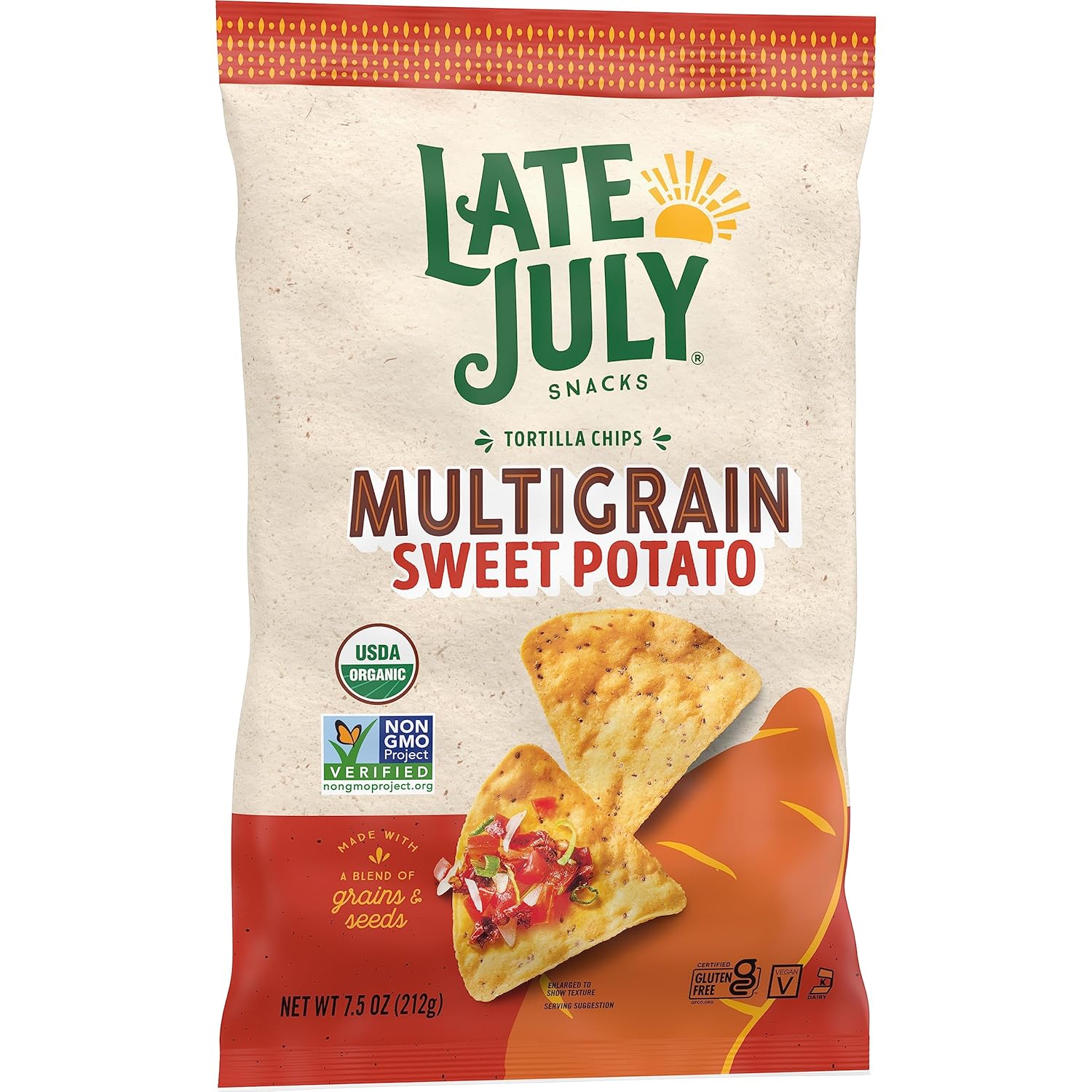 Late July Snacks, Organic Multigrain Sweet Potato Tortilla Chips, 7.5-oz. Bag (Pack of 12)