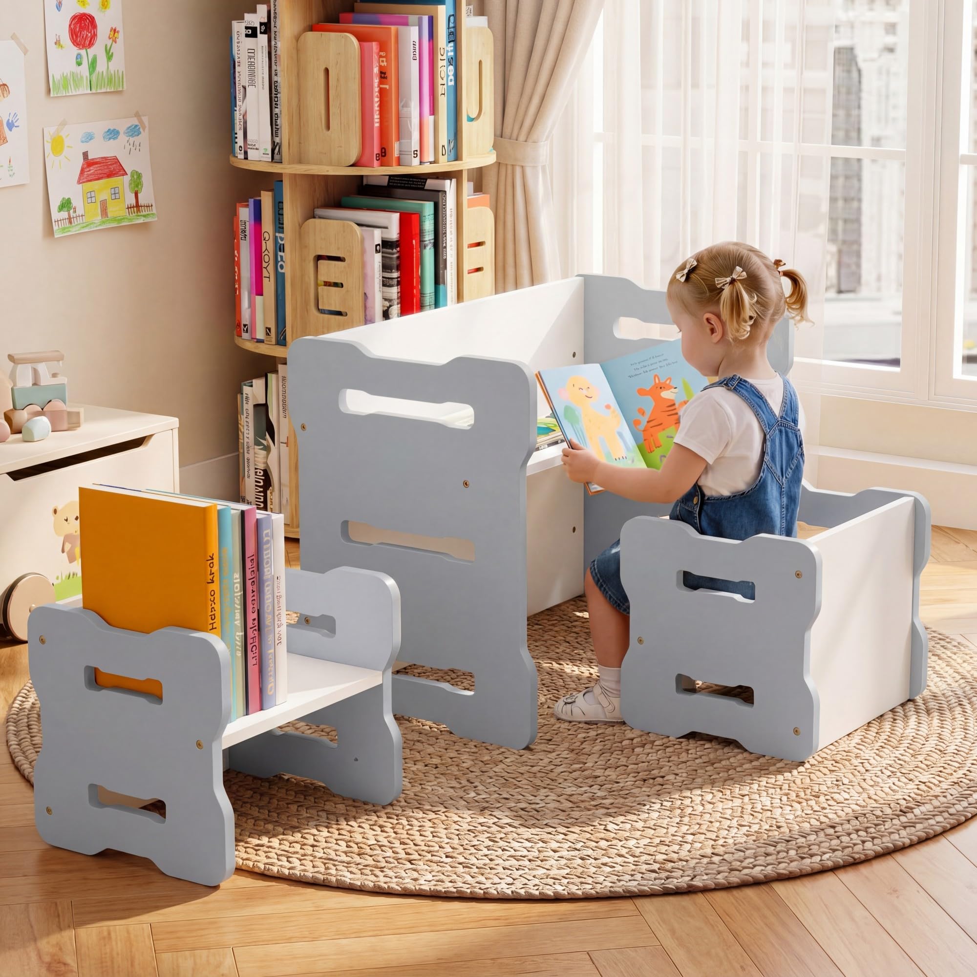 LIFEZEAL Montessori stół dziecięcy z 2 krzesłami, zestaw mebli do siedzenia dla dzieci z ławką dwustronną, zestaw stolików dziecięcych i krzeseł do czytania, jedzenia i zabawy, zestaw krzeseł dla