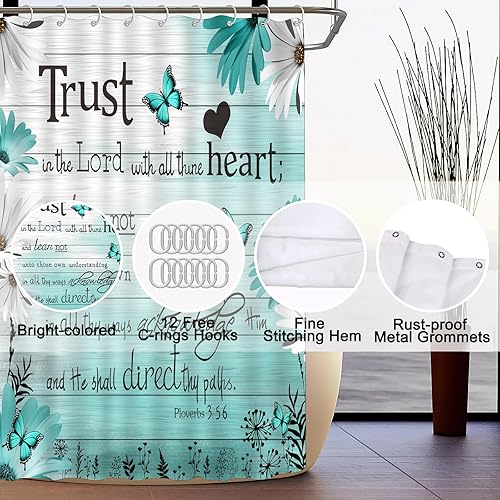 Miniatura 7 de ALEXEX Juego de 4 cortinas de ducha con versículo azul, citas inspiradoras, juego de baño con cortina de ducha y alfombras y accesorios, cortina de