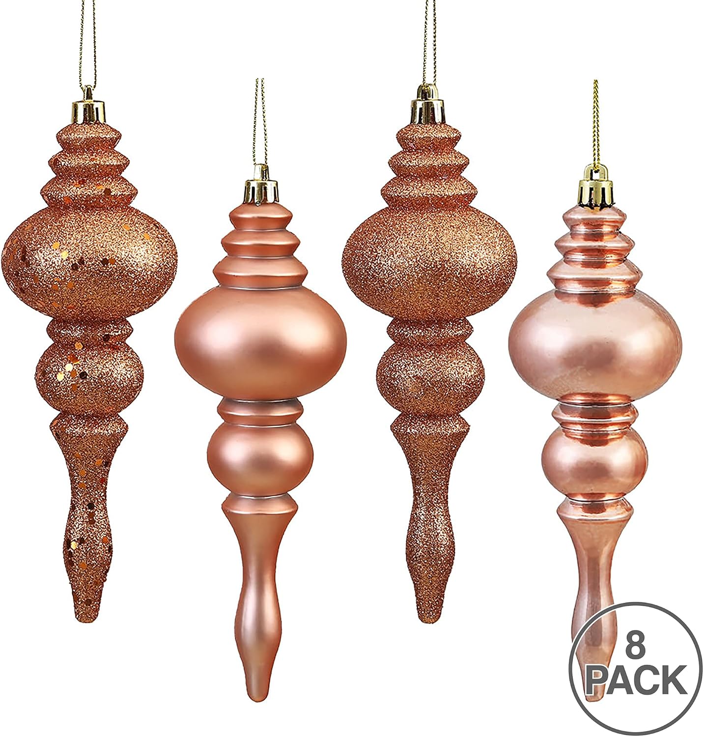 Vickerman 7" 4-Finish Finial Ornament, Shatterproof Plastic Christmas Tree Decoration, 8 Pack, Rose Gold Shiny, Matte, Glitter and Sequin Finishes
