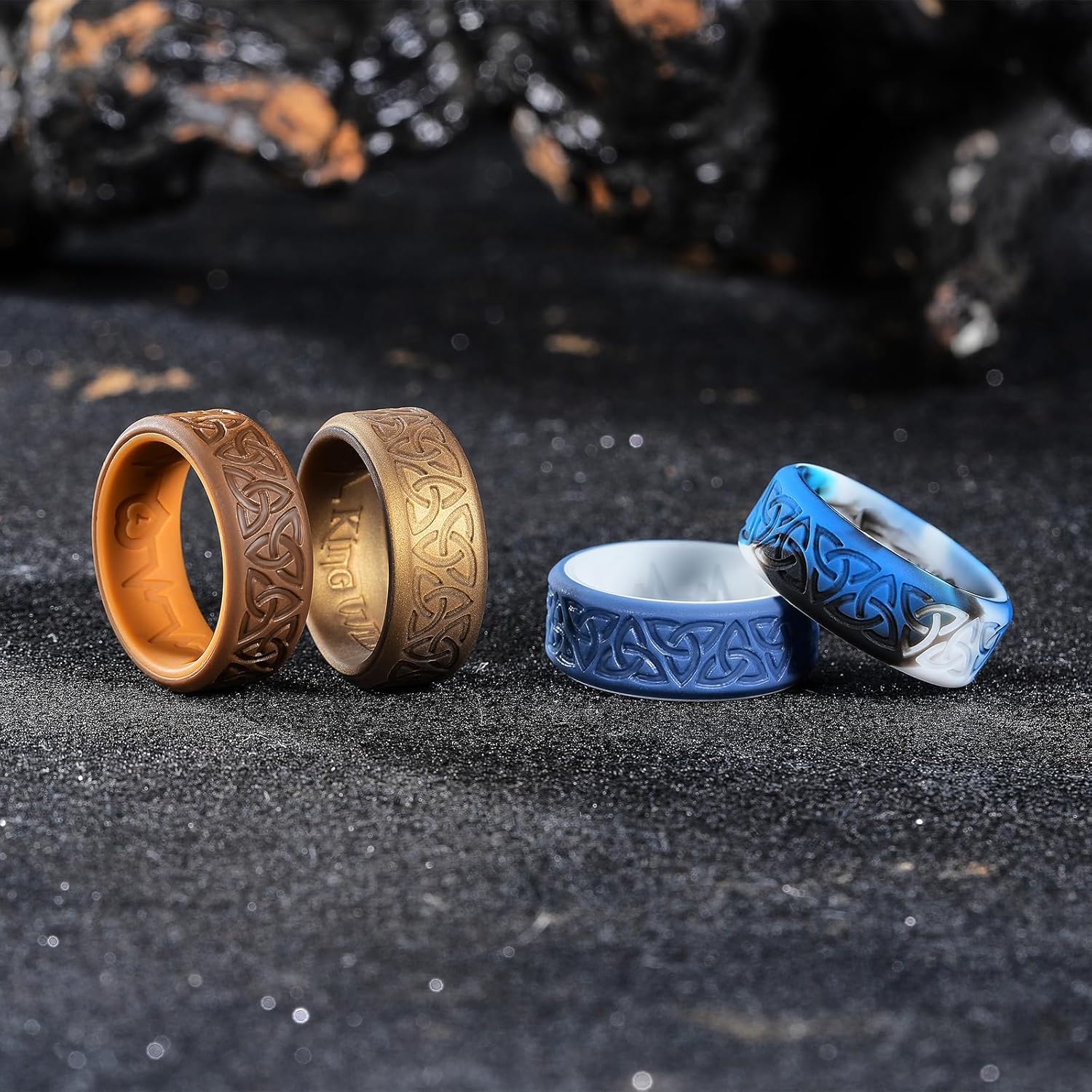 King Will Silicone Wedding Rings For Men, 4 Pack Rubber Wedding Bands with Celtic Knot Pattern, 8mm Wide 2.2mm Thick, Comfort Fit Size 13