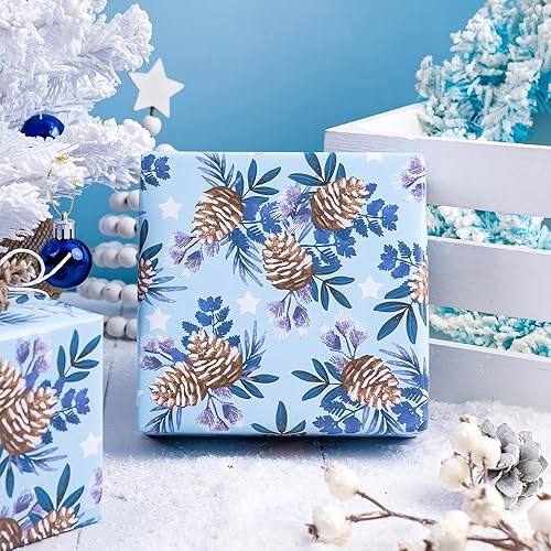 Vista 127 de WRAPAHOLIC Papel de regalo reversible de Navidad, mini rollo, 17 pulgadas x 33 pies, diseño de gnomo azul morado y cuadros con brillo metálico