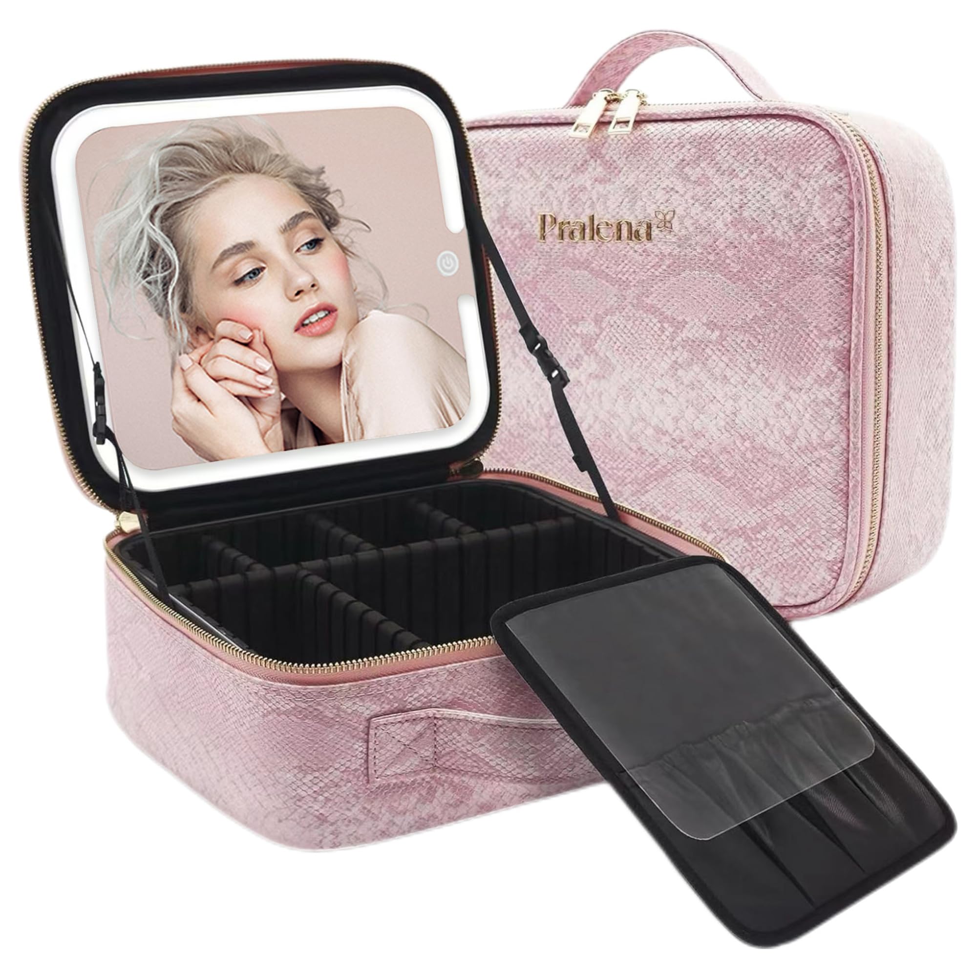 PRALENA Travel Makeup Bag with LED Mirror – 3 Brightness Modes, Portable Lighted Makeup Case with Adjustable Dividers, Cosmetic Organizer Gift for