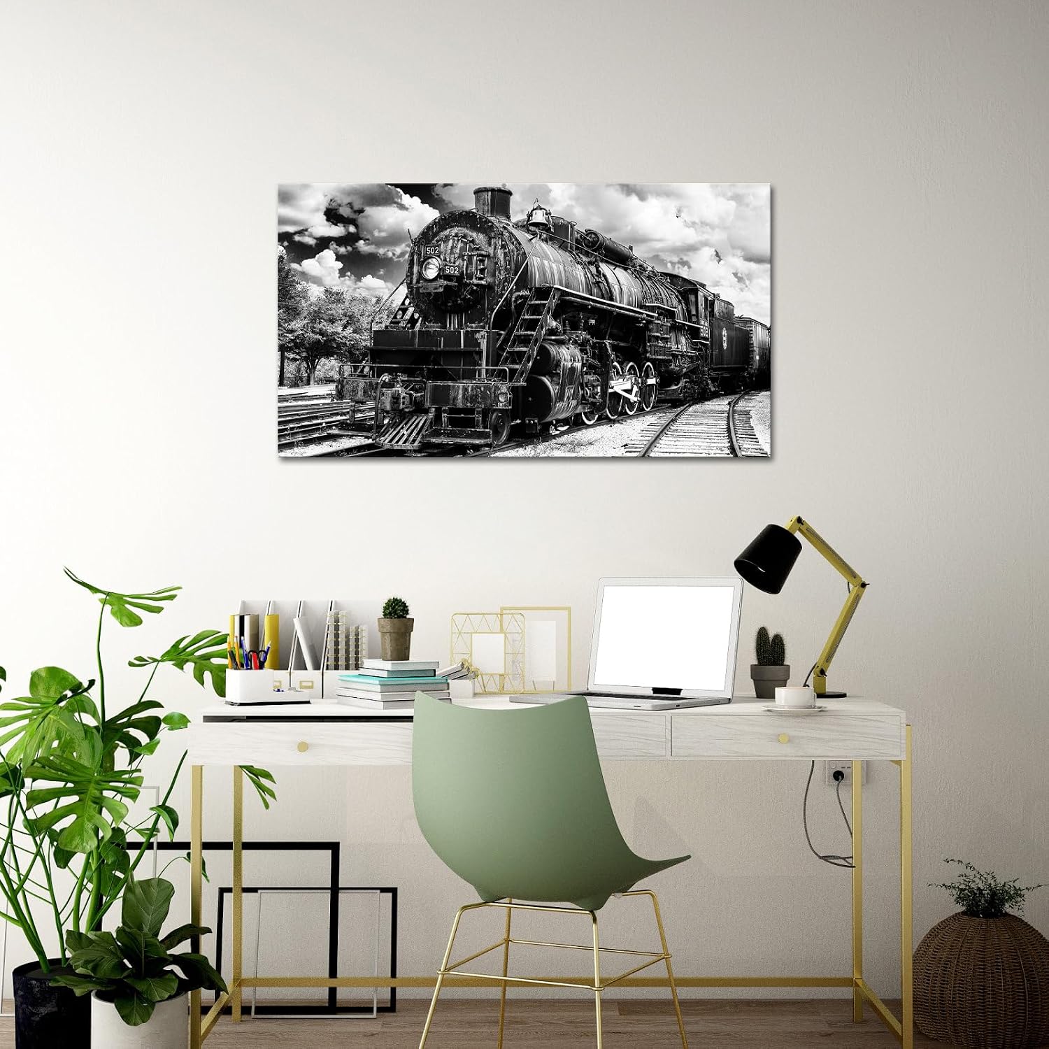 Saypeacher Train Canvas Wall Art Vintage Black and White Painting Picture Large Steam Trains Artwork for Men Boy's Bedroom Living Room 20"x36"
