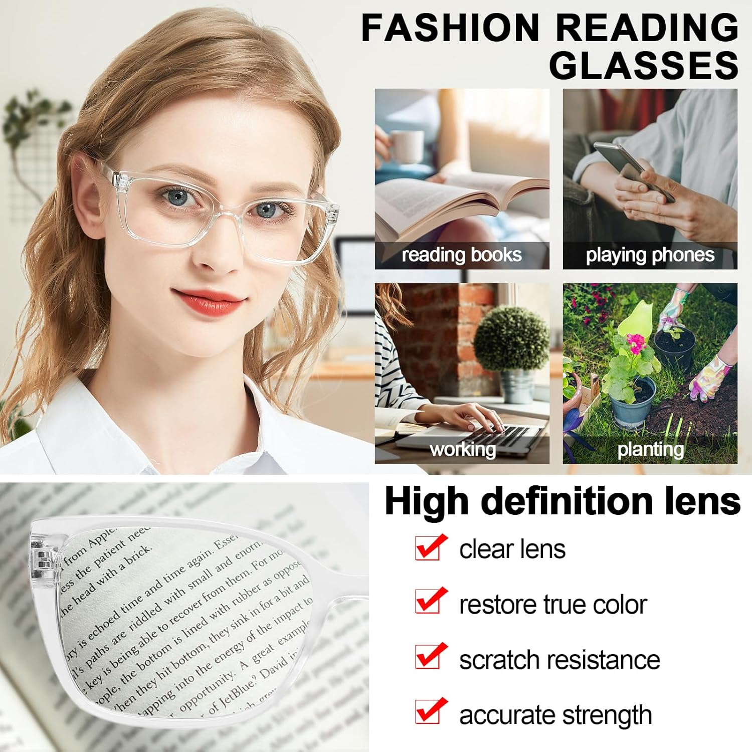 AEZUNI Designer Reading Glasses for Women Oversized Square Eyeglasses Large Ladies Readers with Bling Frames 1.0 1.25 1.5 1.75 2.0 2.25 2.5 2.75 3.0 3.5 4.0 5.0 6.0 (Clear,1.50) - Image 3