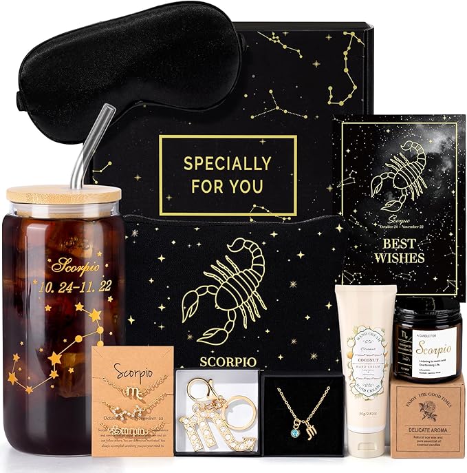 14PCS Scorpio Birthday Christmas Gifts for Women, Scorpio Astrology Gifts for Women Bakets, 12 Zodiac Gifts for Woman Friends Female Friendship, Sco Astrological 16 oz Glass Cups with Gift Set Box