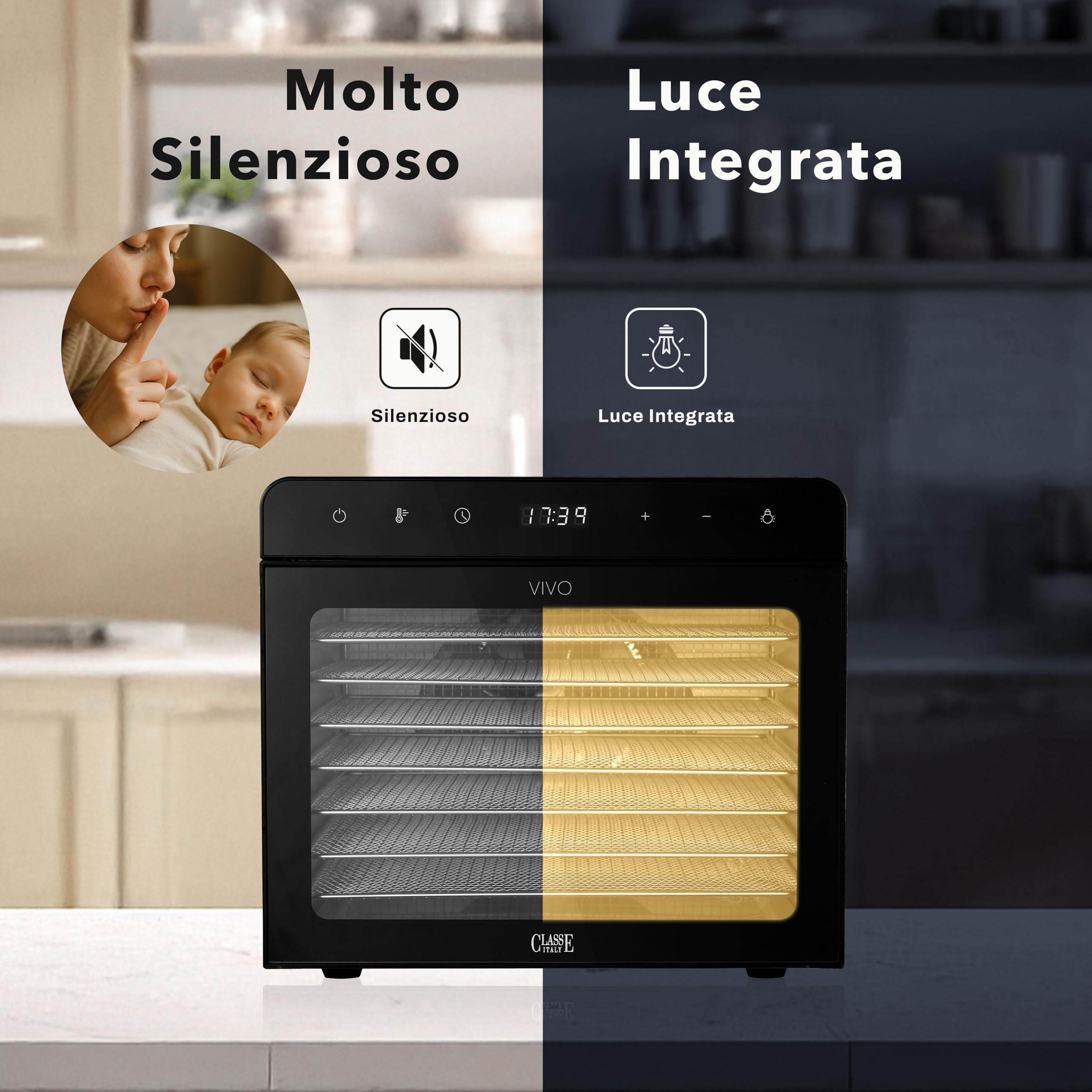 CLASSE ITALY Déshydrateur alimentaire à faible consommation, 8 plateaux en acier SUS 304, 700 W, GARANTIE 5 ANS, température réglable de 35 à 85 °C, minuterie 24 heures, sans BPA