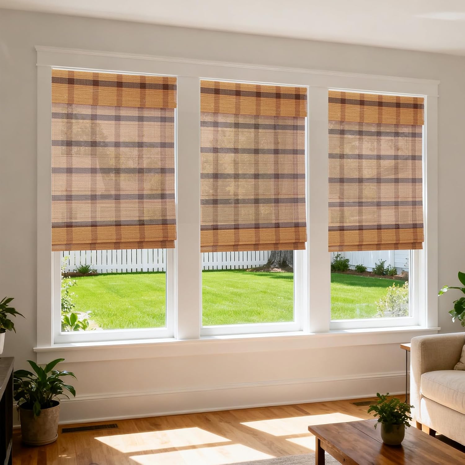 LETAU No Tools No Drill Wood Cordless Window Roman Shades, Lined Blackout Bamboo Window Blinds for Indoor Home, Office, Kitchen, Pattern 7