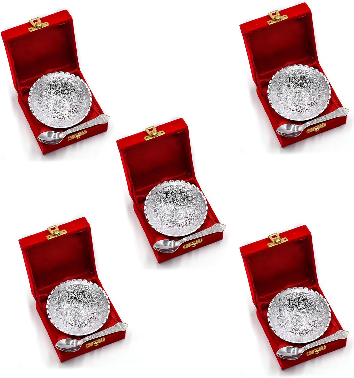 IGH Set of 5 Pcs German Silver Bowl Set with Spoon and Red Velvet Box Diwali Return Gifts Housewarming Gifts, Festival Gift