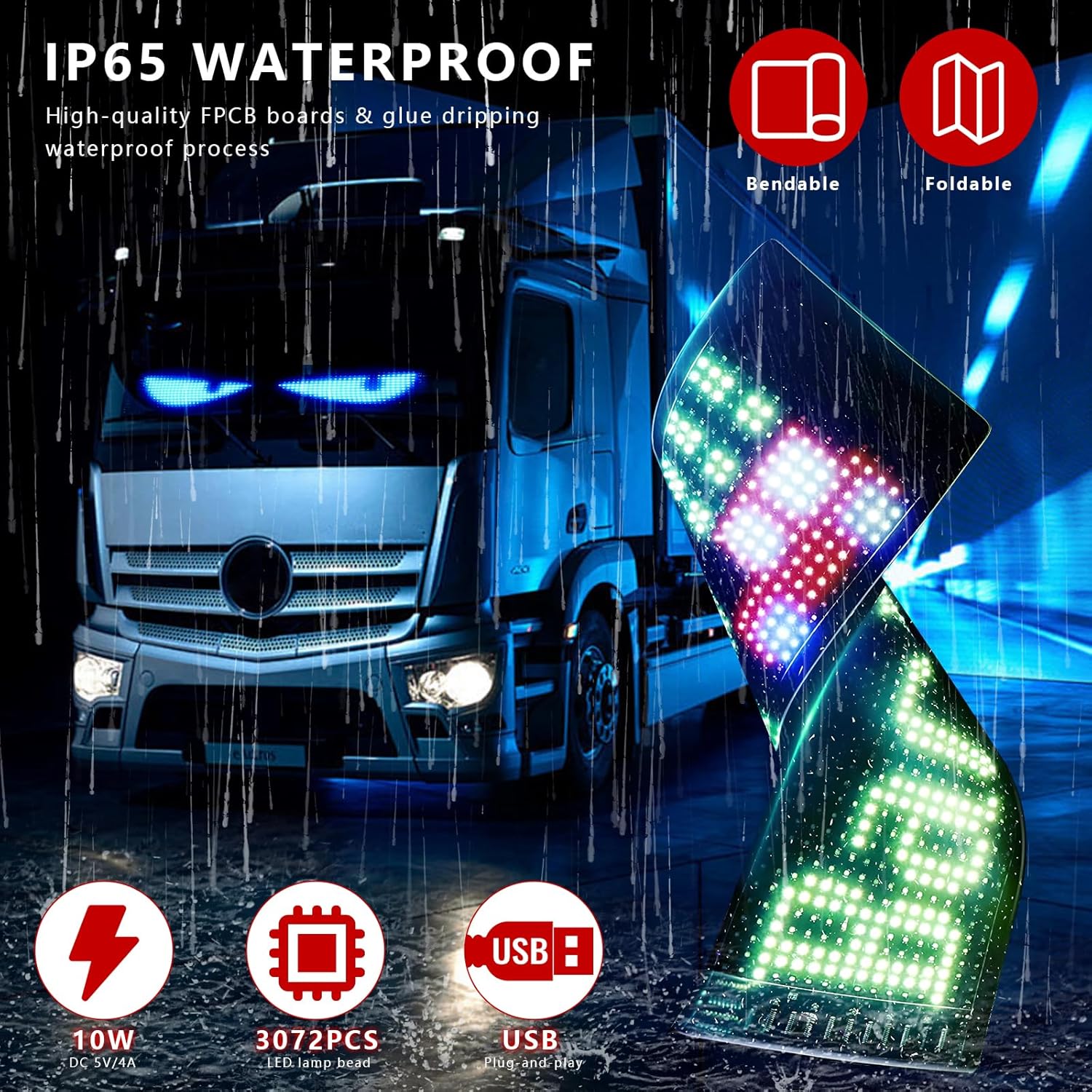 Led Eyes for Truck Windshield, 69.4''*7.6'' Super Large Devil Eyes Light for Car Windshield, Programmable Flexible Led Display Screen, Scrolling Big Eye Lights, Remote & Bluetooth APP Control