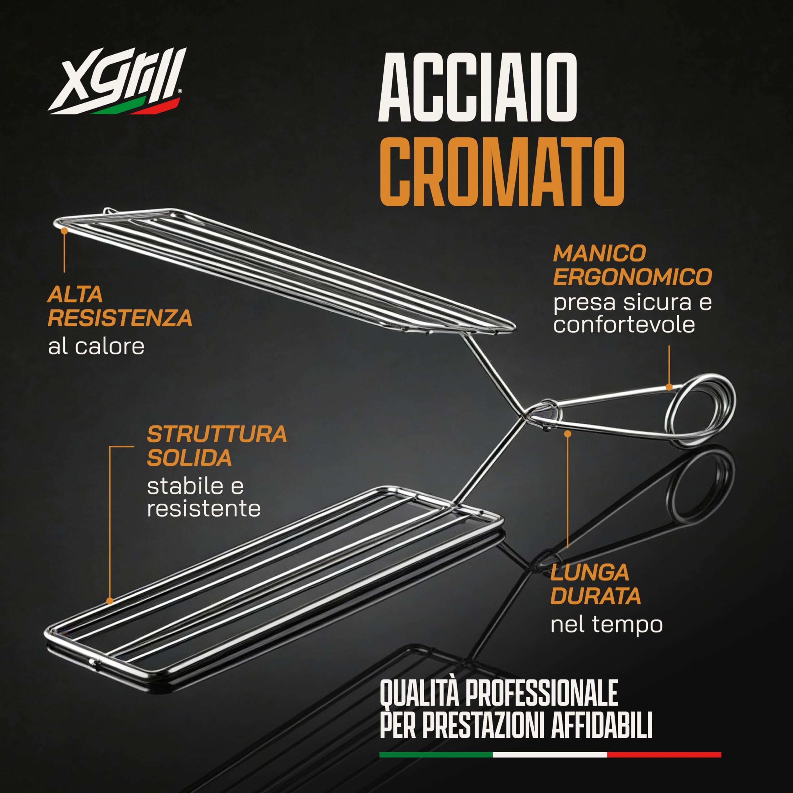 XGRILL | Pinza per Toast 18x10 cm in Acciaio cromato con Manico Ergonomico | Pinza Tostapane per Toast e Snack | Uso Domestico e Professionale | Made in Italy