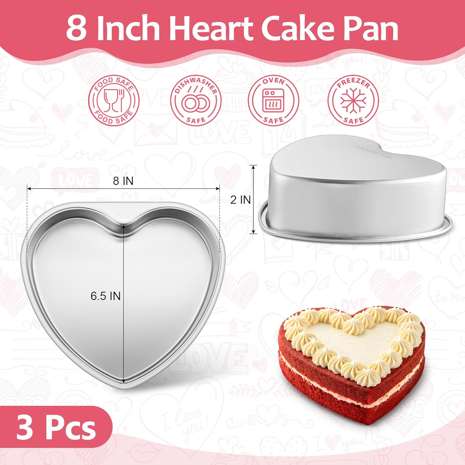 E-far 8 Inch Heart Cake Pan, 3Pcs Stainless Steel Heart Shaped Cake Mold, Cake Tin Baking Pan for Valentine's Day Anniversaries Wedding, Non-Toxic & Dishwasher Safe