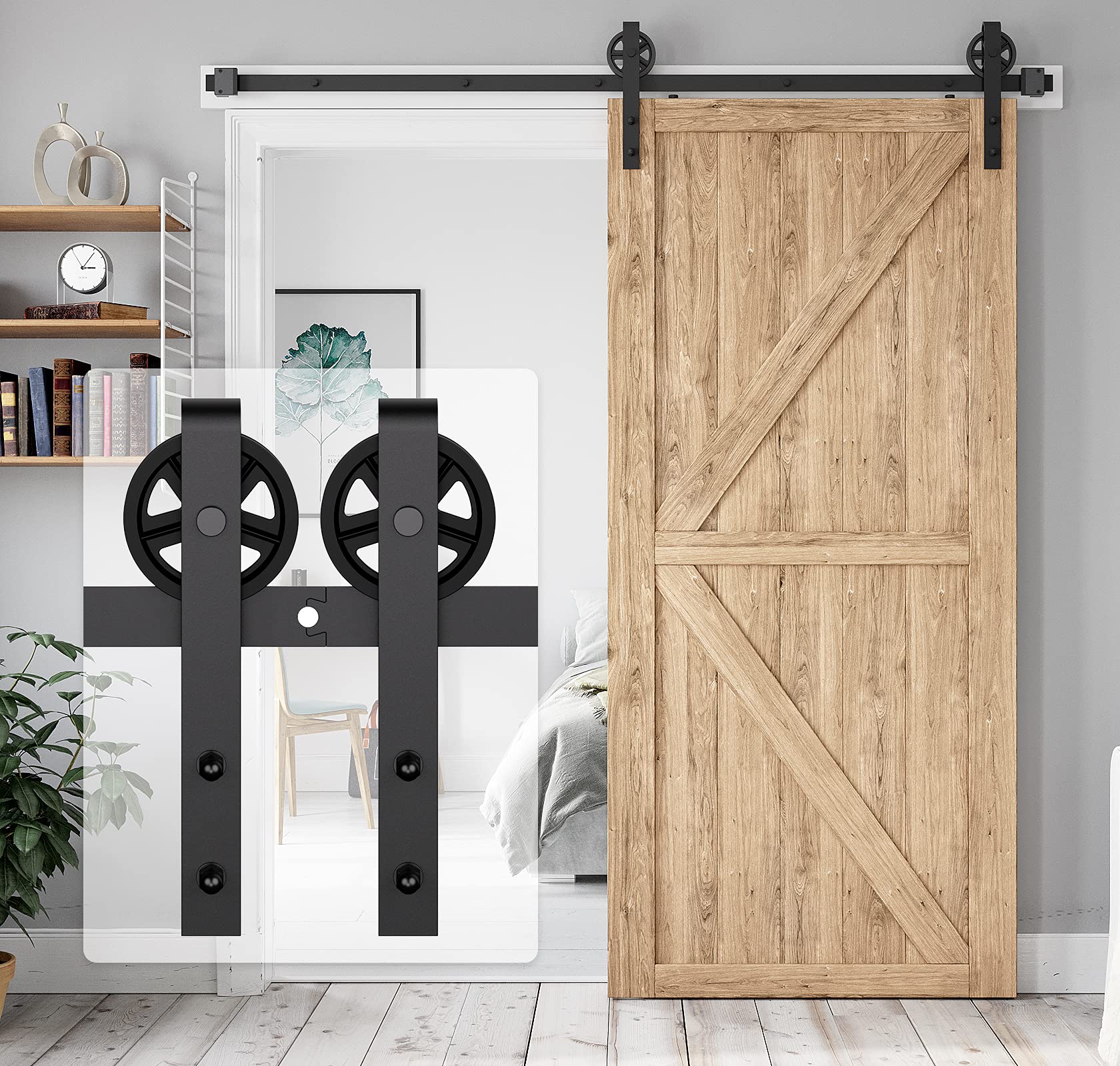 Photo 1 of 6.6FT Heavy Duty Barn Door Hardware Kit, Sliding Barn Door Hardware Kit for Wood Single Barn Door, Fit 1 3/8-1 3/4" Thickness & 40" Wide Door Panel, Black, Industrial Big Wheel J Hangers 6.6FT [Single Door]