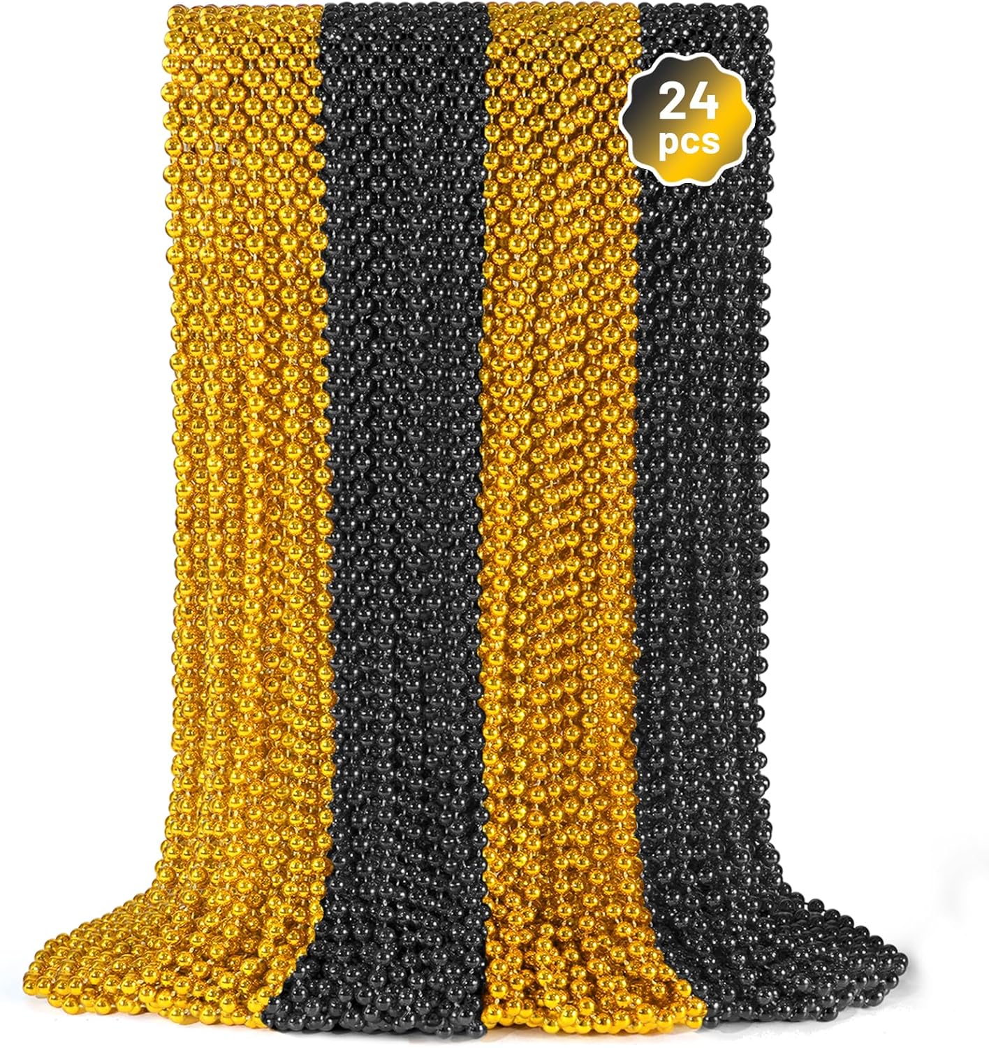 YAXINRUI 24 PCS Gold Black New Year Necklaces, New Year Bead Party Favors, Happy New Year Necklace, 33‘’ Gold Black Beaded Necklaces for 2026 New Years Eve Christmas Halloween Festive Events