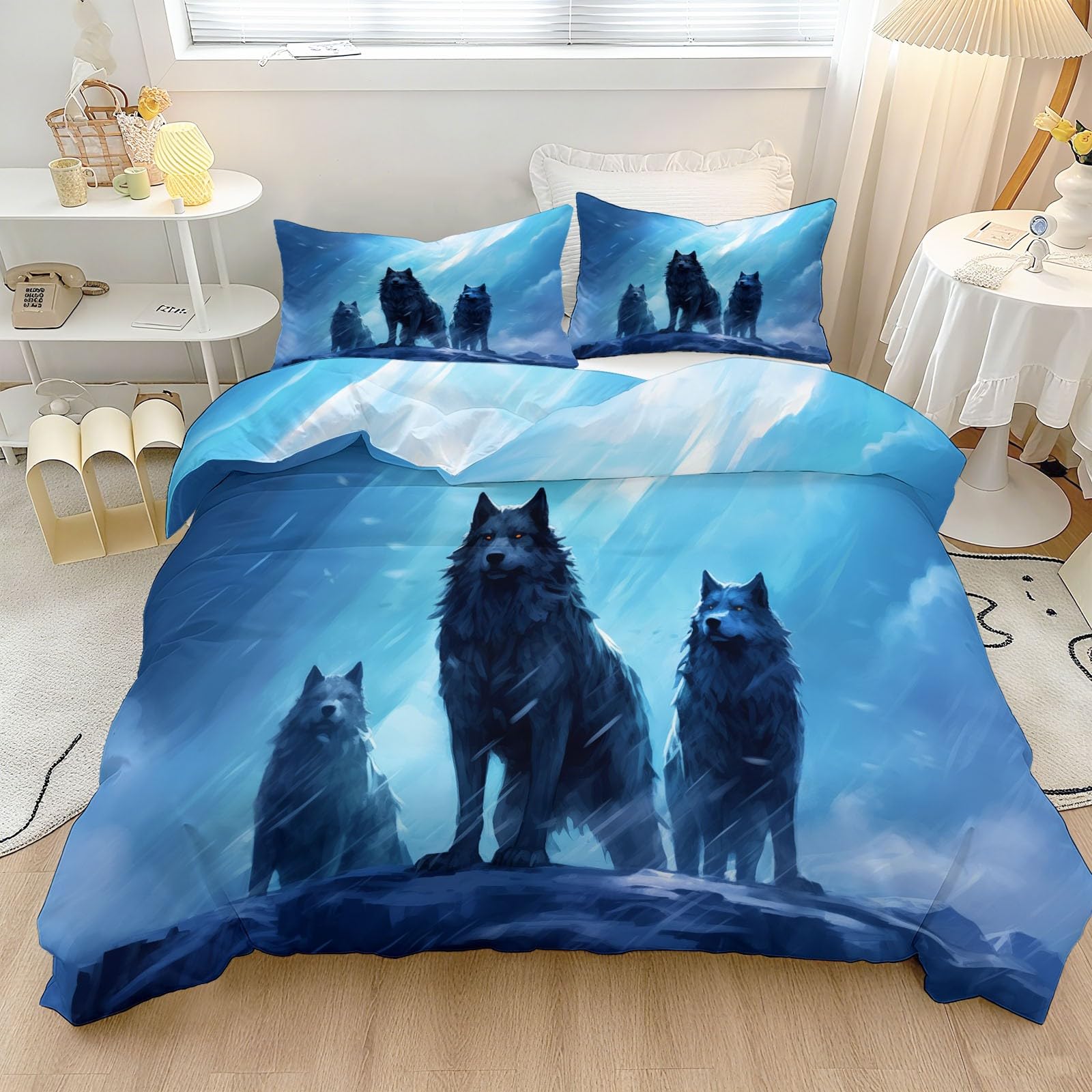 Housse de couette fantasy loup bleu parure de lit évasion pour chambre
