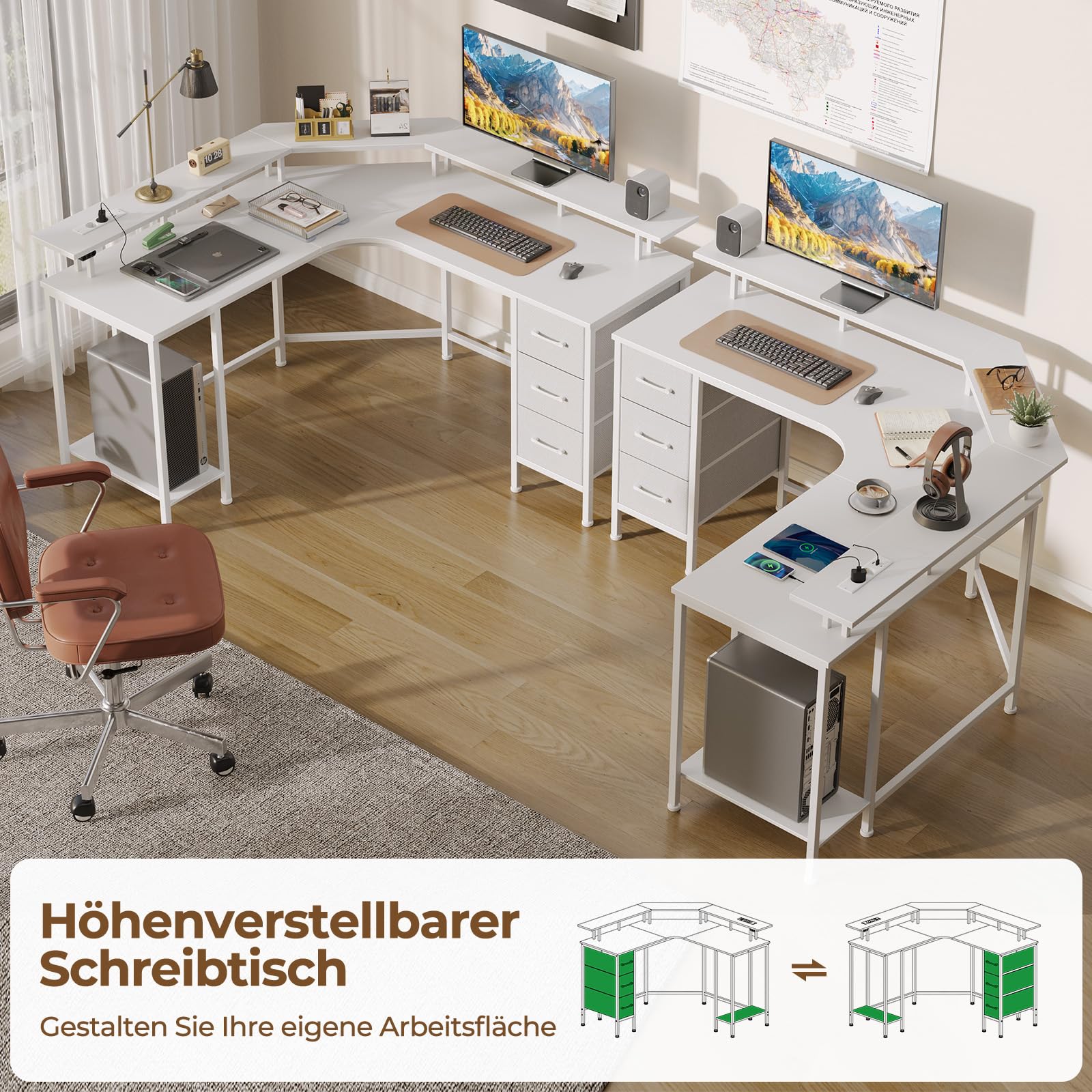 Seventable L-förmiger Gaming Schreibtisch mit LED-Beleuchtung & Steckdosen, Eckschreibtisch mit 3 Stoffschubladen & Ablage, Computertisch für Home Office & PC-Gaming,Weiß,119×119×88 cm