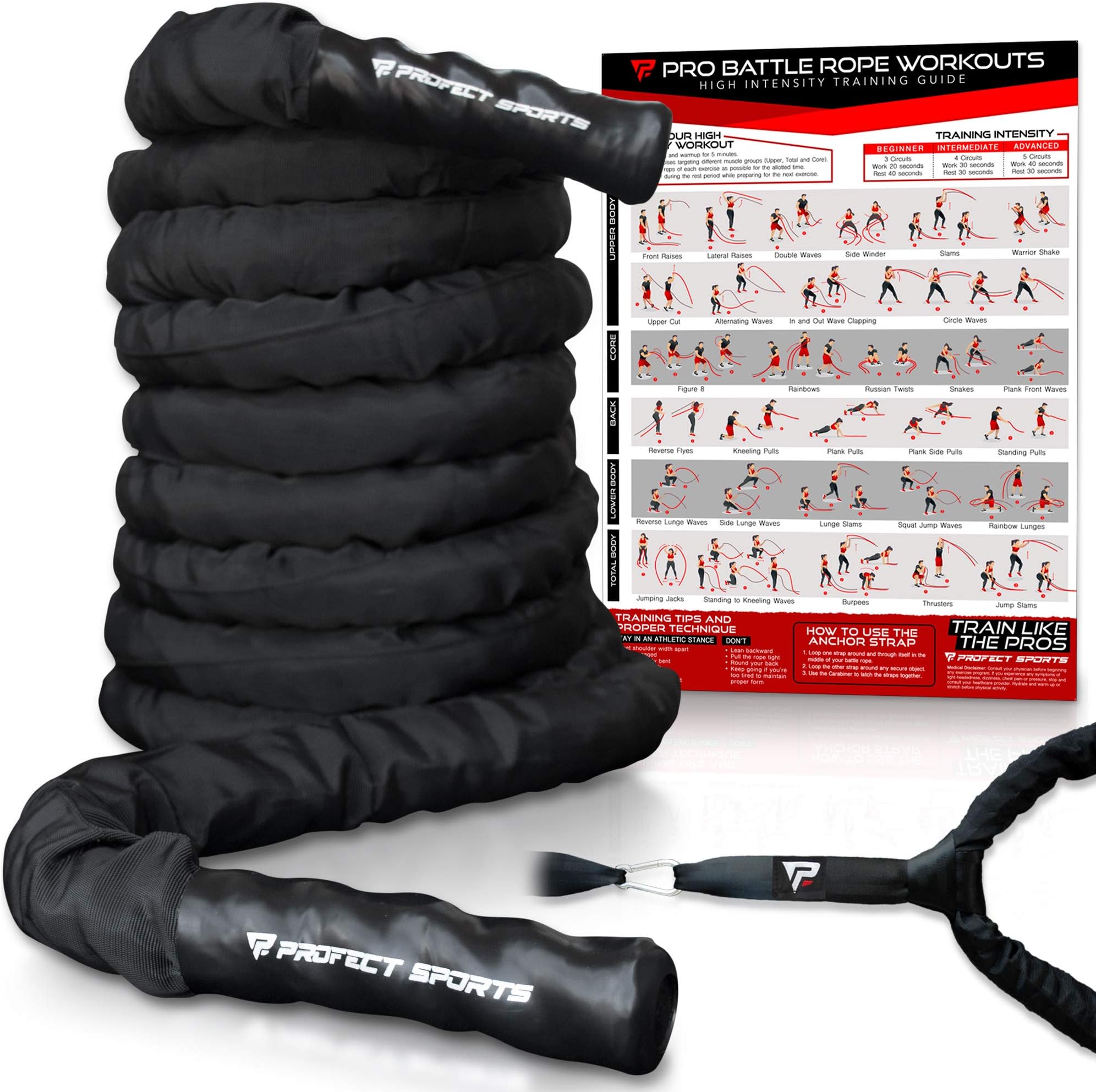 Pro Battle Ropes with Anchor Strap Kit and Exercise Poster – Upgraded Durable Protective Sleeve – 100% Poly Dacron Heavy Battle Rope for Strength Training, Cardio, CrossFit, Exercise Rope