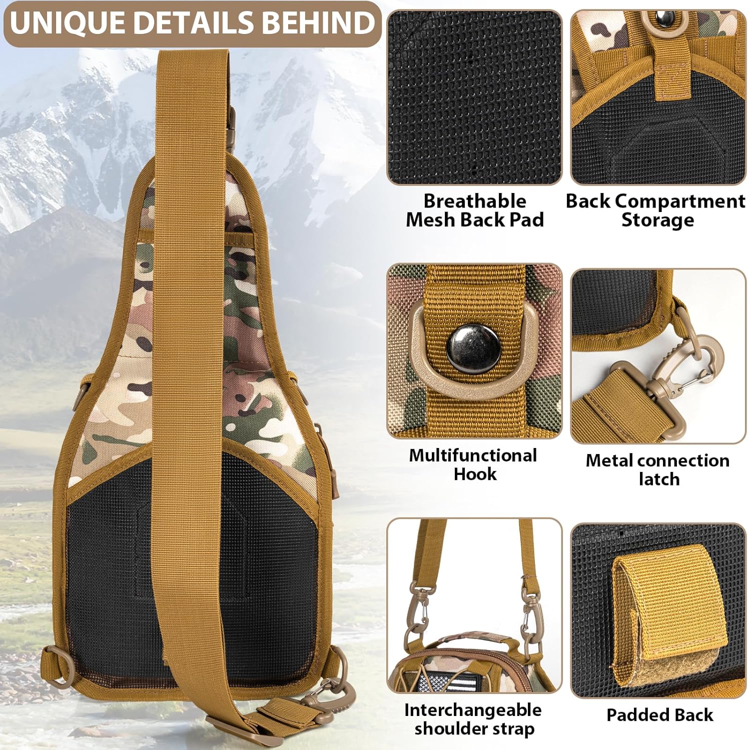 GMAK Tactical Sling Bag for Men, Small Tactical Shoulder Bag Backpack, Outdoor Military Rover Bags Travel Hiking Daypack, Tactical EDC Crossbody Chest Bag Pack for Hiking, Cycling, Hunting, Khaki Camo - Image 3