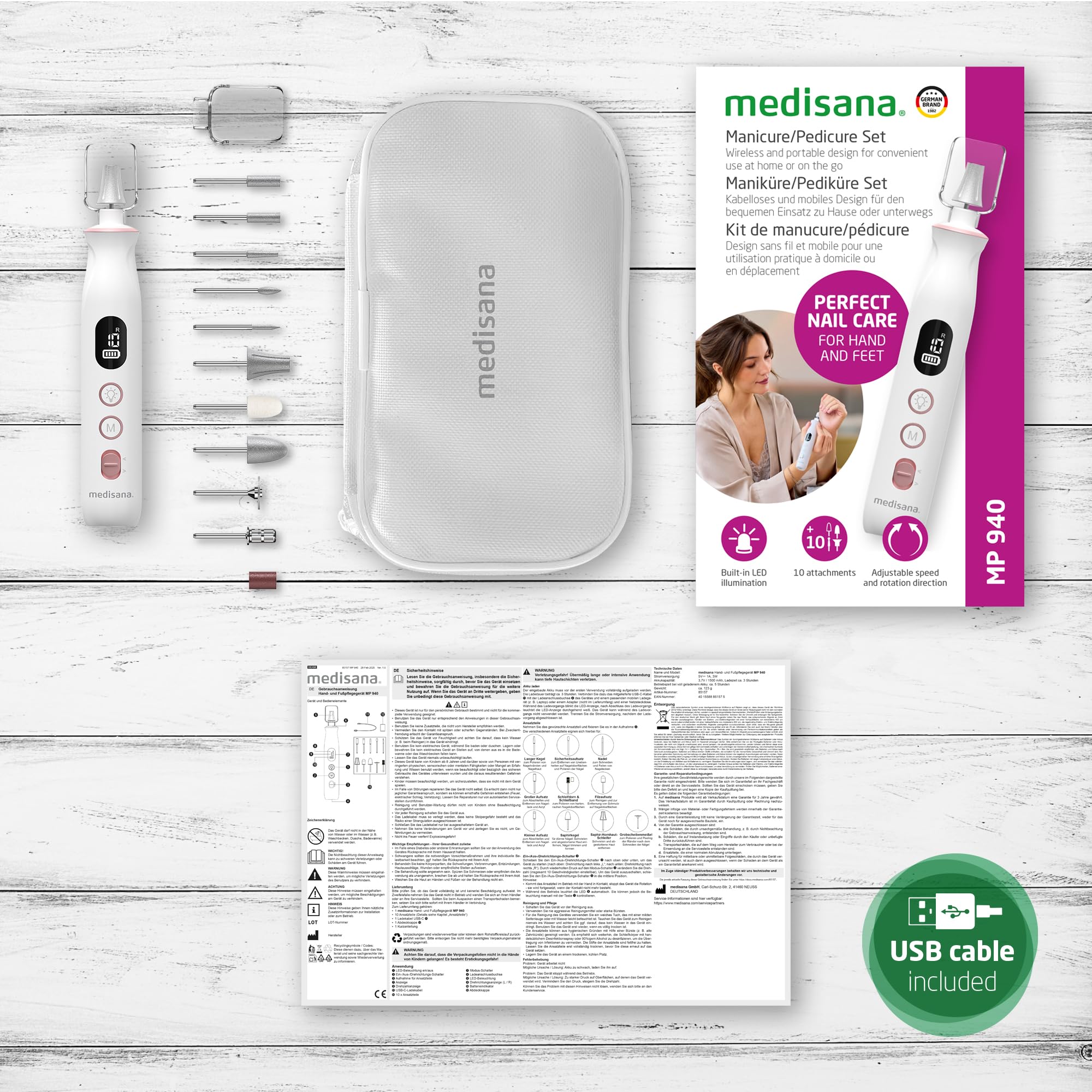 medisana MP 940 elektryczny zestaw do manicure i pedicure, pilnik do paznokci, obcinacz do paznokci i zmywacz do modzeli, zestaw do pielęgnacji dłoni i stóp oraz leczenia paznokci, skórek i modzeli