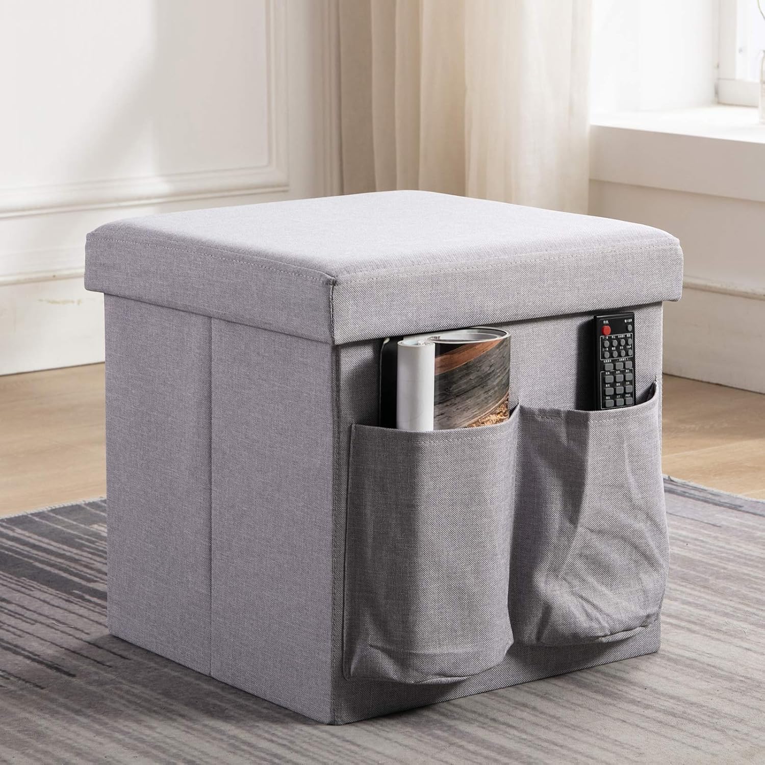 CANMOV 14 inches Linen Folding Storage Ottoman Cube with Side Pockets, Versatile