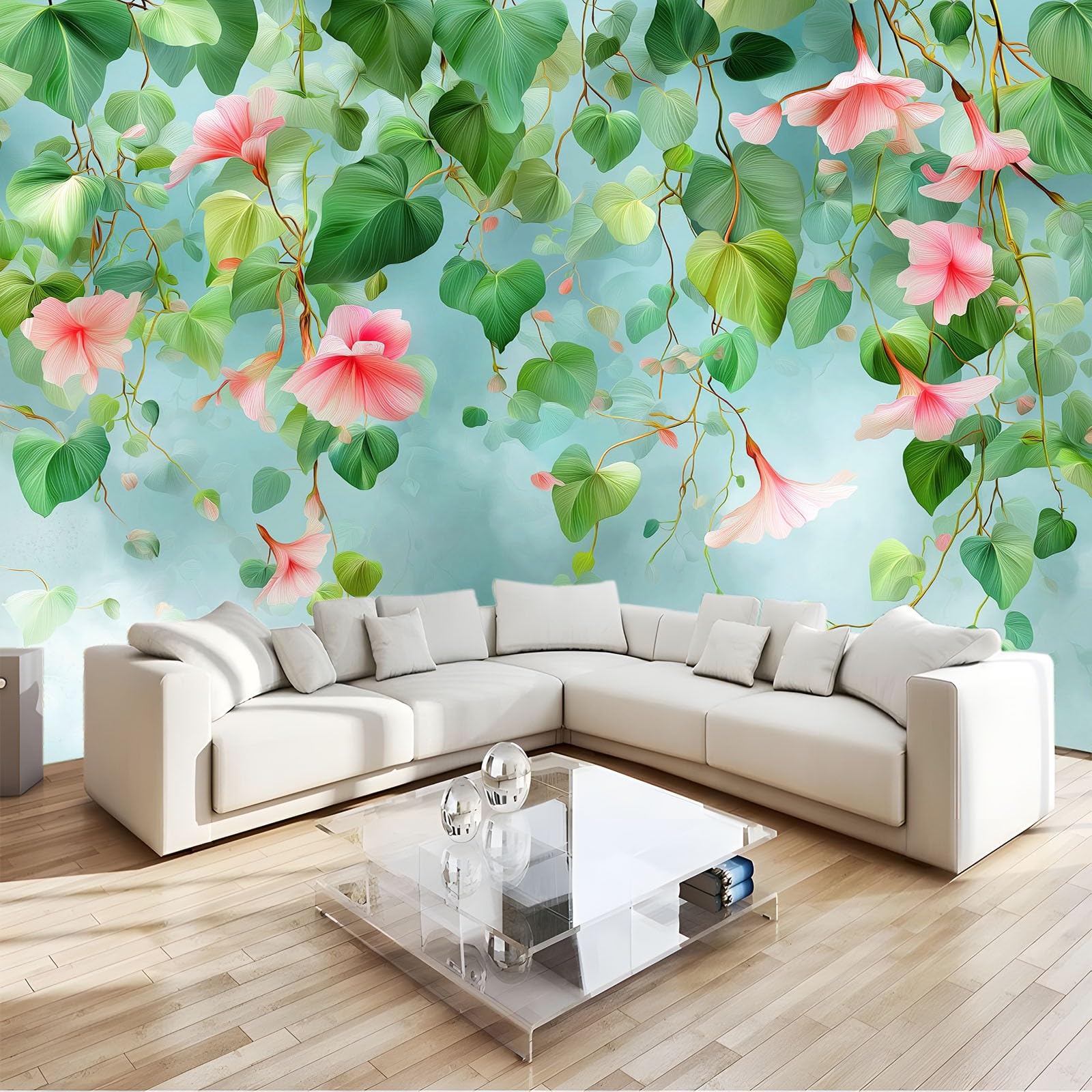 Generico Estetyczna tapeta panoramiczna natura kwiaty winorośli liście rośliny szałwia zielona 300 x 210 cm, nowoczesna tapeta z włókniny do salonu i sypialni, dekoracja ścienna premium