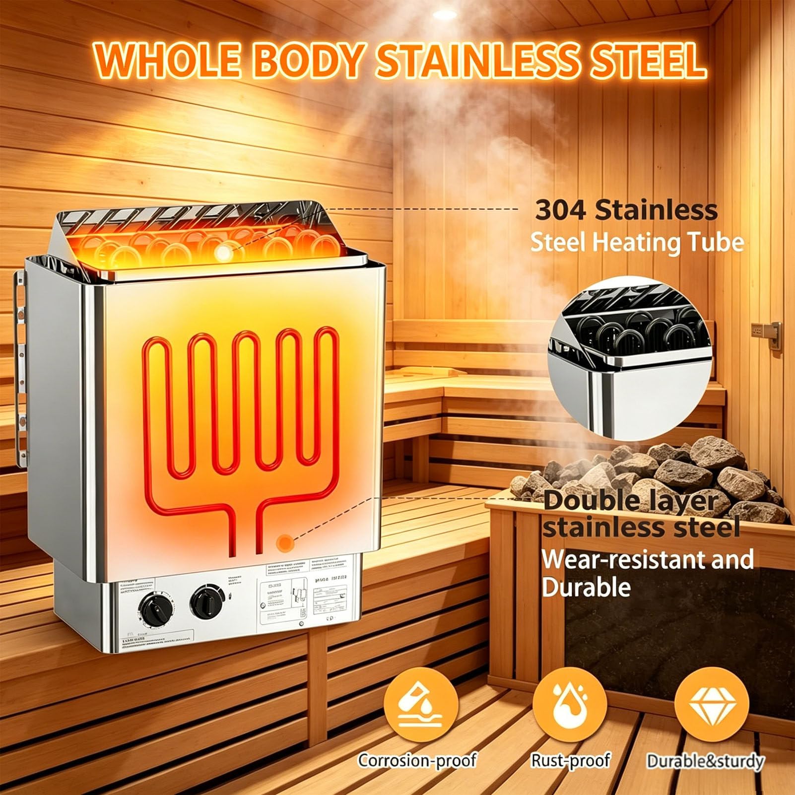 Riscaldatore Elettrico per Sauna, Stufa a Vapore in Acciaio Inox, riscaldatore per Sauna secca, Temperatura Regolabile e Timer di 3 Ore, Stufa per Bagno Turco per casa e Spa 110V-6KW