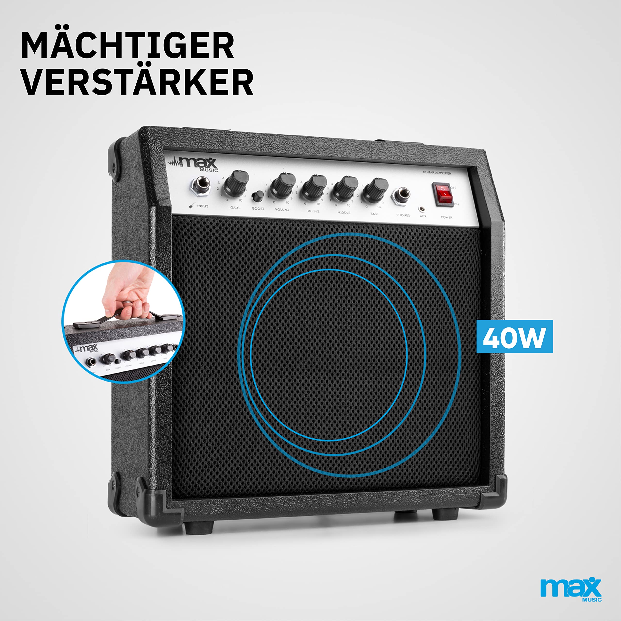 MAX ShowKit Elektro Akustik Gitarre Set mit Verstärker 40 Watt, Gitarrentasche, Gitarrenstimmgerät, Instrumentenkabel, Plektrum und E Akustikgitarre mit Tonabnehmer Schwarz