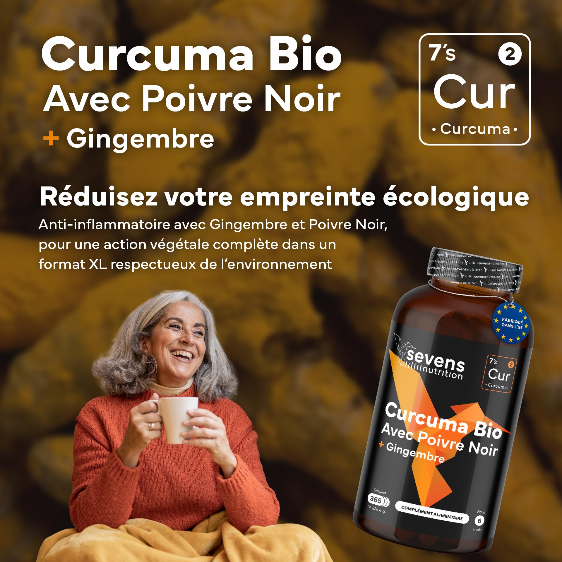 Curcuma Bio Gélule Anti Inflammatoire avec Gingembre et Poivre Noir – 1410 mg par Dose – 365 Gélules – Format XL Éco – Complément Articulations Os Vegan Naturel – Sevens