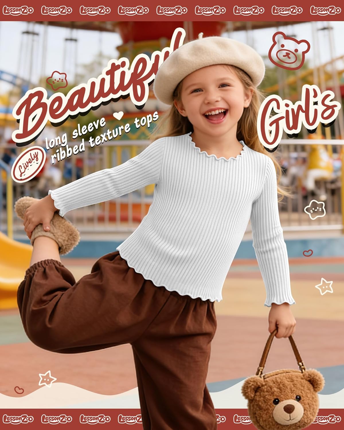 2 Pack Girls' Lettuce Trim Ribbed Shirts Cotton Blend Long Sleeve Crew Neck Base Layer Slim Fit Trendy Tops - Image 2