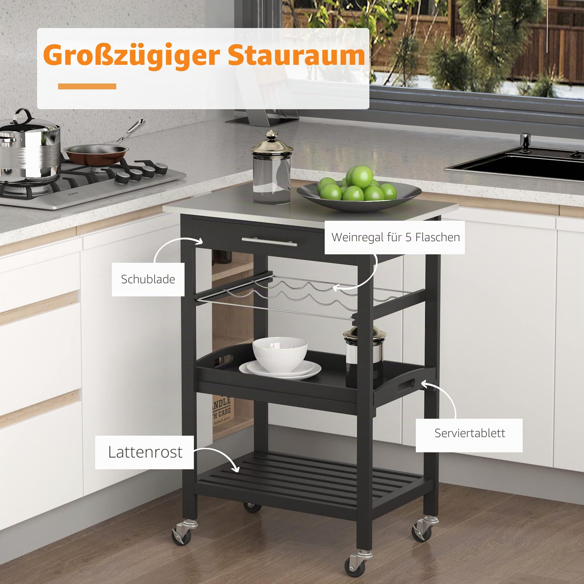 HOMCOM Servierwagen Küchenwagen Rolltisch mit Flaschenregal 60L x 40l x 85H cm Edelstahlplatte. Schwarz