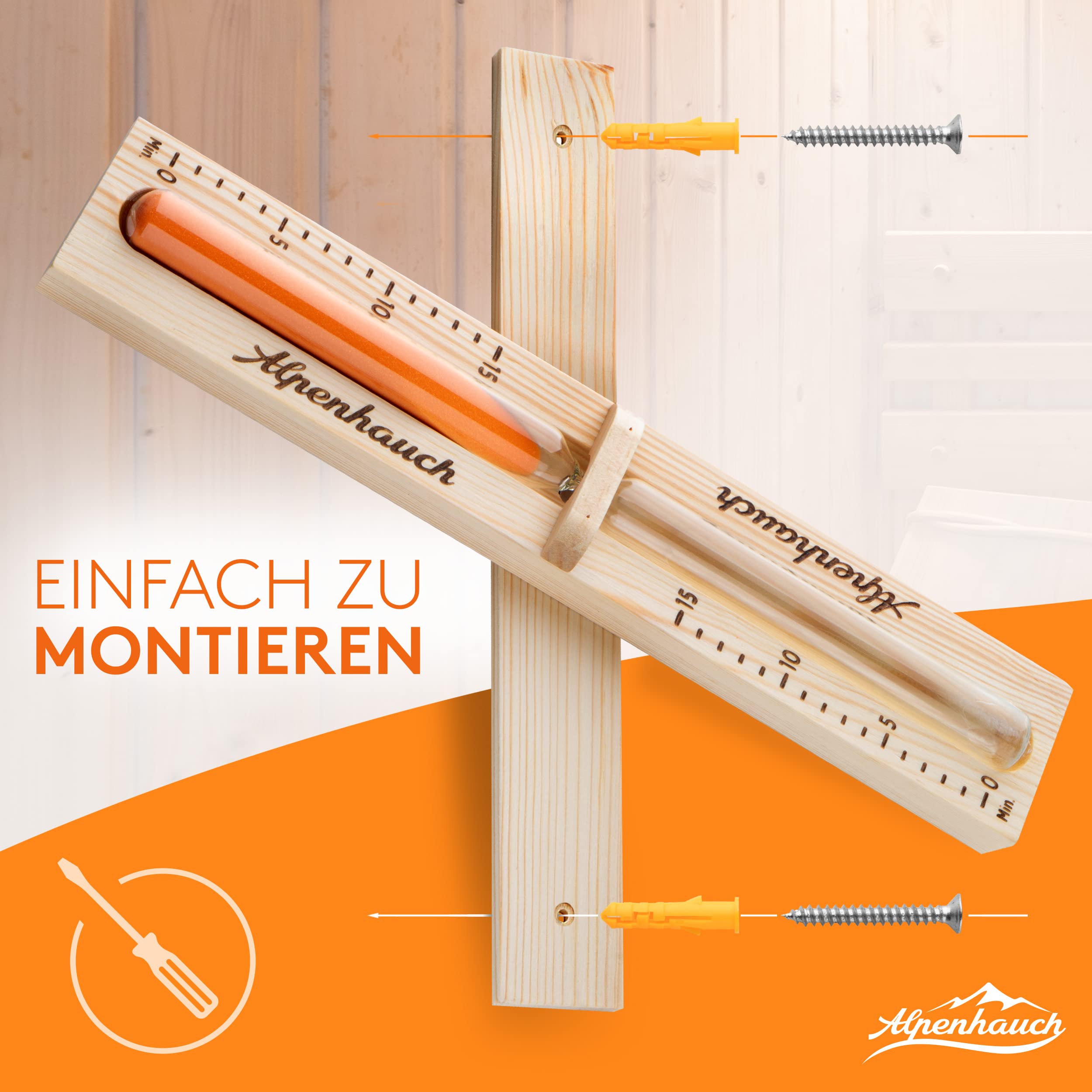 ALPENHAUCH Reloj de arena para sauna de 15 minutos de madera 100% natural, elegante reloj de sauna con arena ultra fina, reloj de sauna giratorio 360°, de madera para sauna y accesorios de montaje