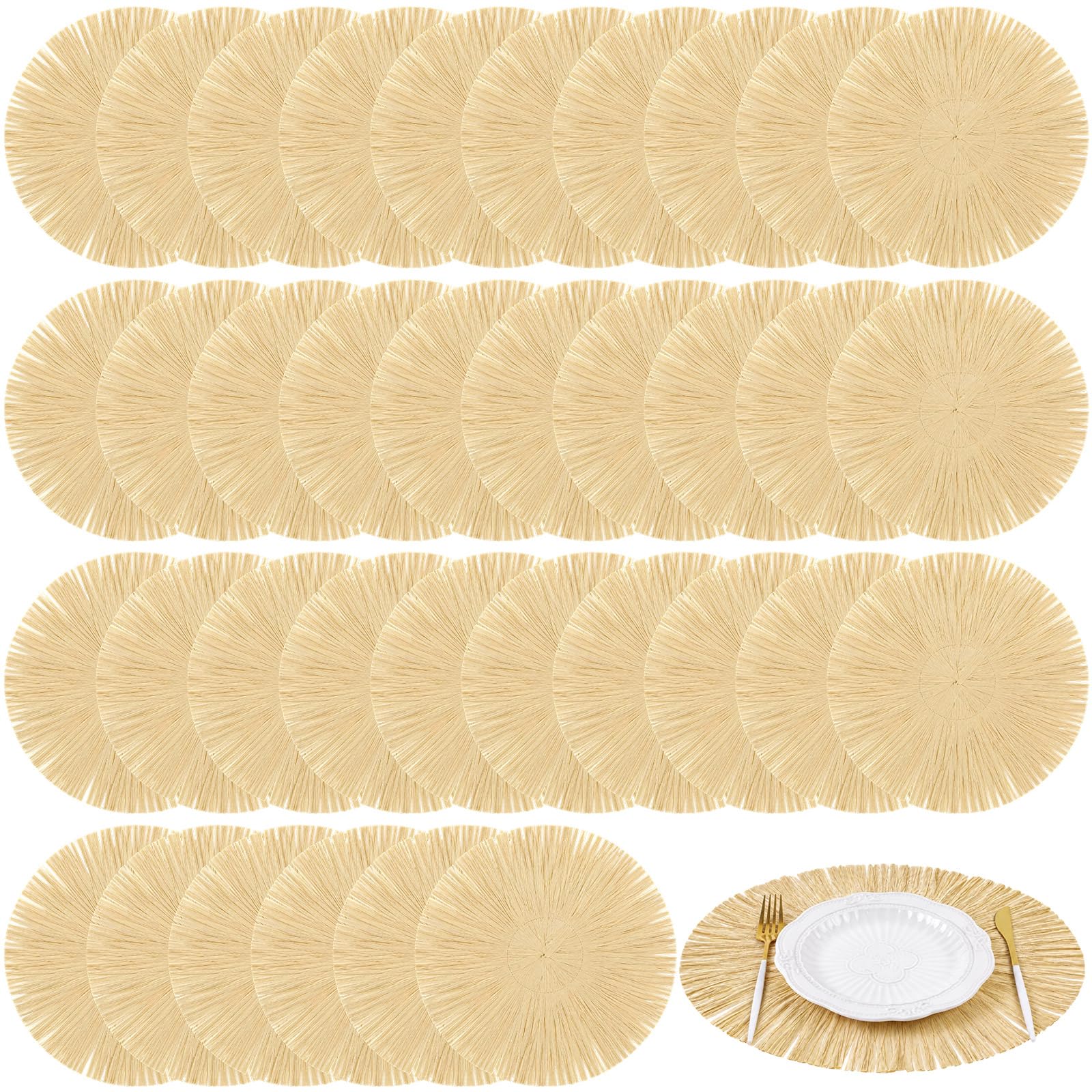Photo 1 of OBreezify 36 Pcs Hawaii Luau Placemats Bulk, 13 Inch Round Woven Straw Fringe Chargers, Heat Resistant Natural Grass Table Mat for Tropical Summer Party, Wedding, Birthday & Dining Table Decor